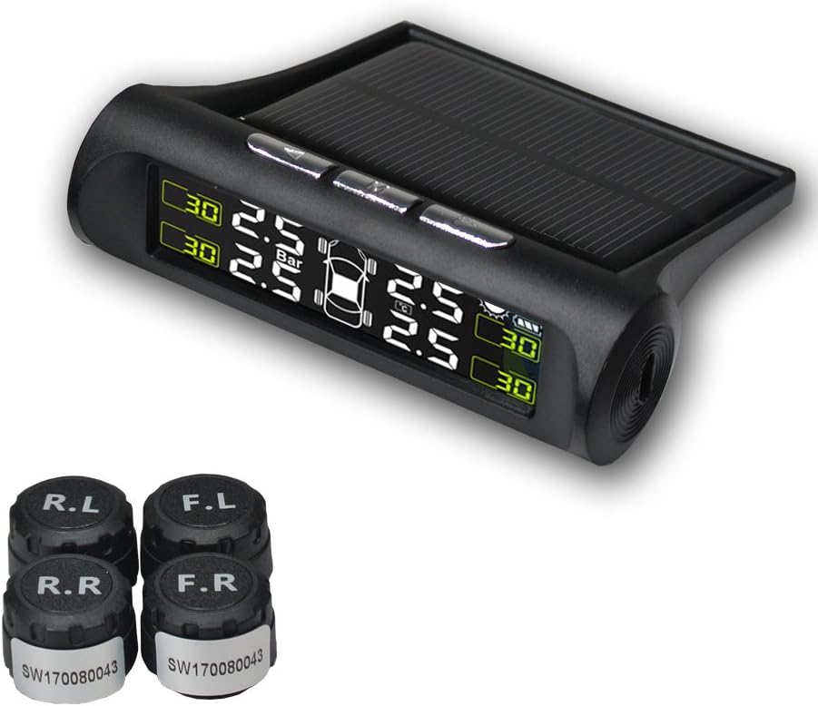 Ezonetronics Universal Solar Power TPMS, Wireless Tire Pressure Monitoring System with 4 DIY External Cap Sensors (0-5Bar/0-99Psi), Real-time Displays 4 Tires' Pressure and Temperature