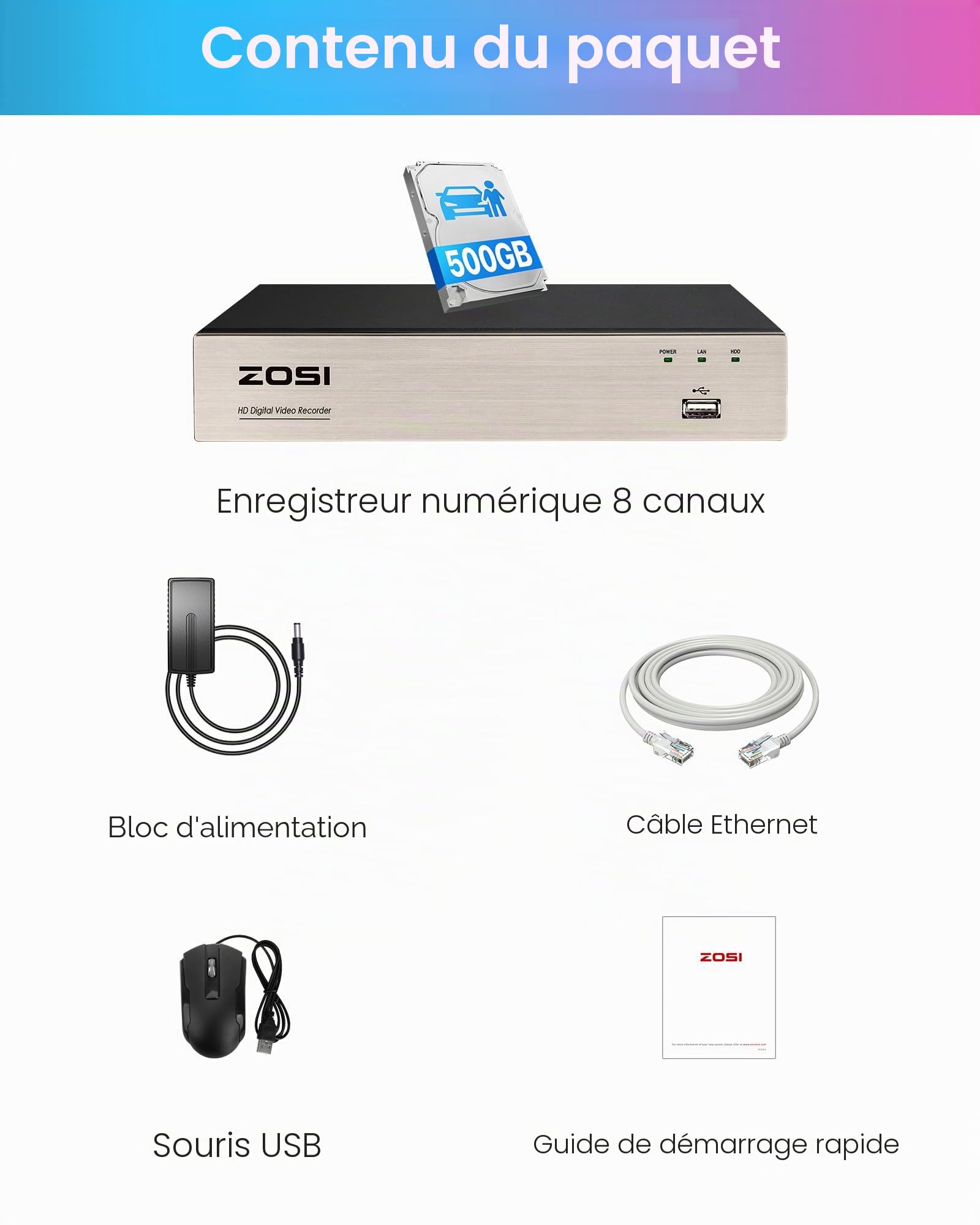 ZOSI 8CH 1080P H.265+ DVR Enregistreur Vidéo Numérique Disque Dur 500 Go | 4 en 1 TVI/AHD/CVI/Analogique Fonctionne avec Caméra Surveillance Analogique, APP Gratuite, Sortie HDMI VGA