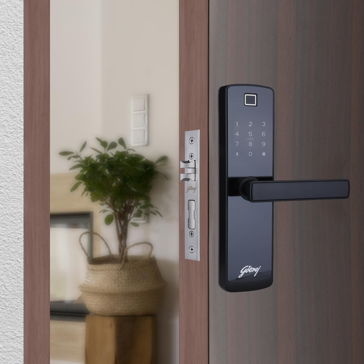 Godrej Locking Solutions and SystemsDigital LocksICatus Touch PlusISmart Lock for Wooden DoorI4 in 1 AccessIFingerprintIRfidIPin AccessIMechanical KeyIBlack FinishI3 Years Warranty-Steel