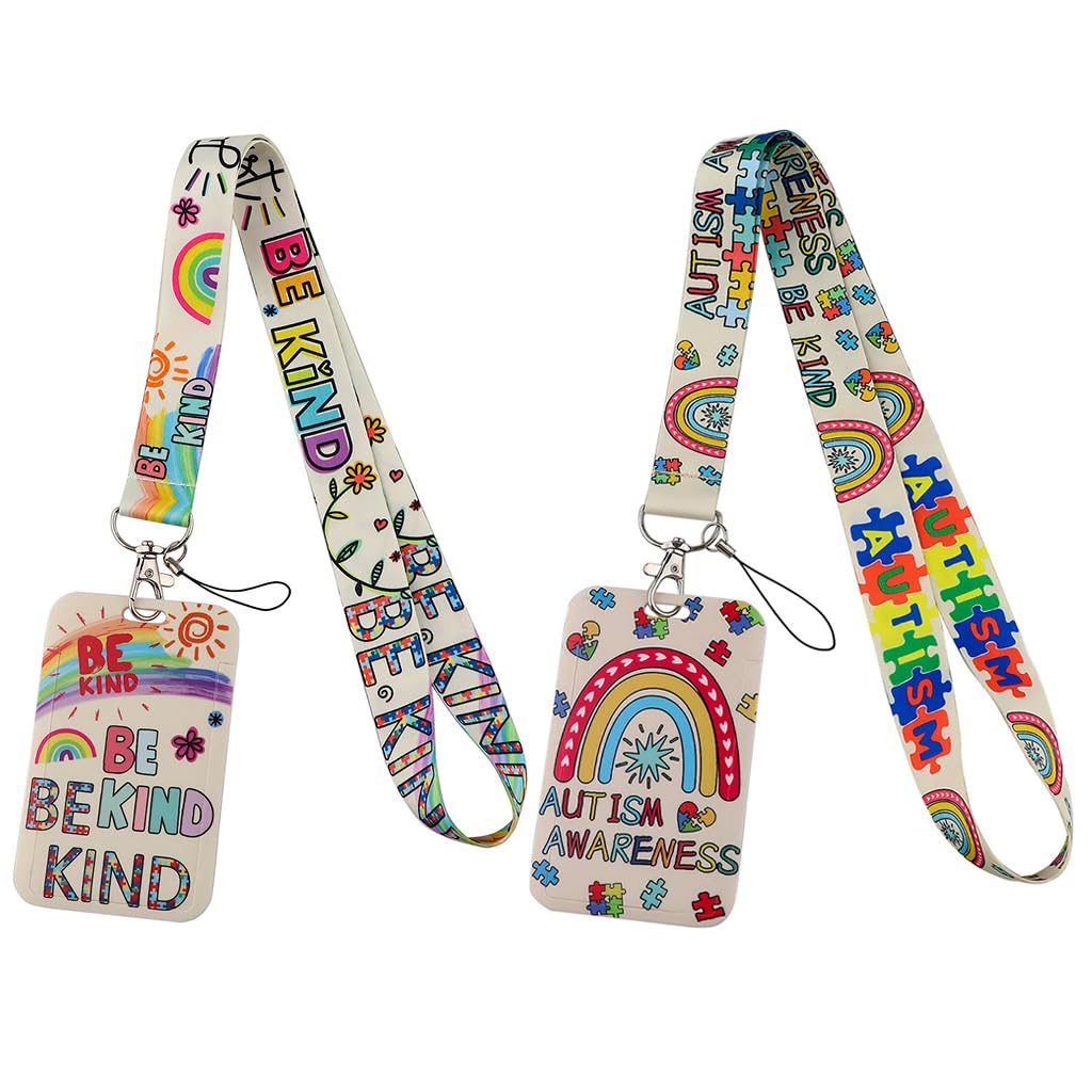 Autism Awareness Lanyard with Card Holder Detachable Lanyard Vertical Card Protector ID Card Holders for Teachers Teens Adults Be Kind 2pcs