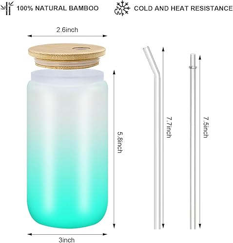 Miniatura 4 de Vasos de vidrio con tapas y pajitas, taza de café helado de 16 onzas, taza para beber con tapas de bambú, lindo vaso de vidrio esmerilado para