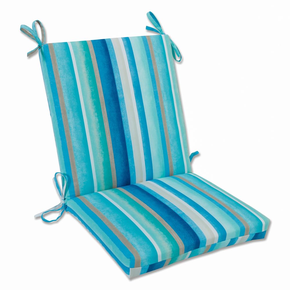 Pillow Perfect Stripe Indoor/Outdoor Solid Back 1 Piece Square Corner Chair Cushion with Ties, Deep Seat, Weather, and Fade Resistant, 36.5" x 18", Blue/Tan Dina, 1 Count