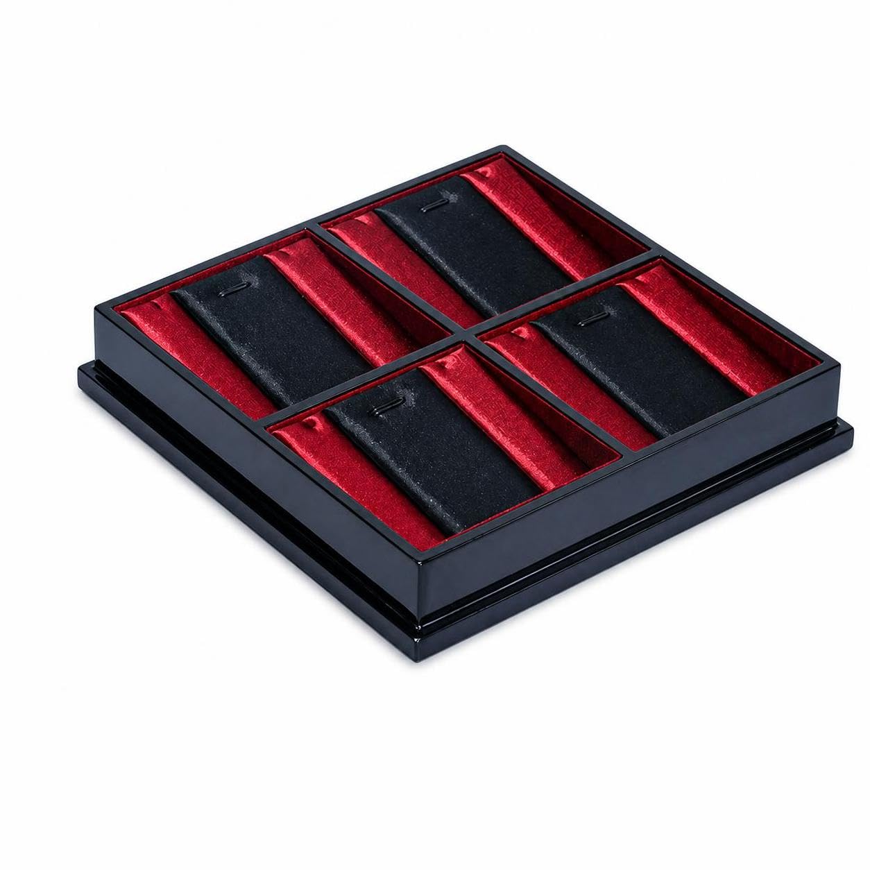 Portagioie Impilabile Con Design Personalizzabile Per Coppie,Stile Retro Cinese Vassoio per Collane in Raso Rosso e Nero a Quattro Scomparti H3