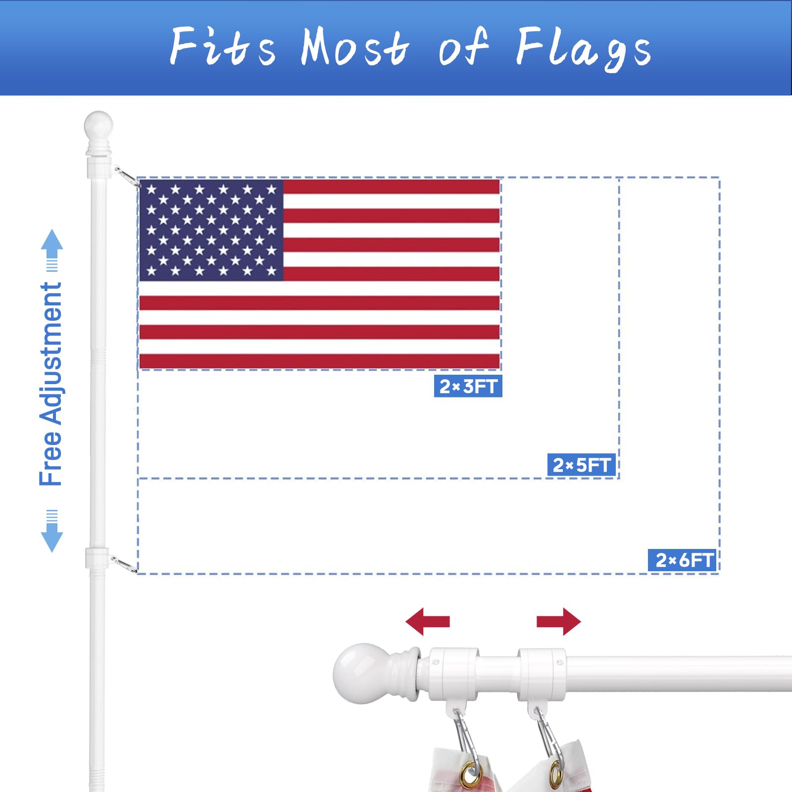 ZMTECH Mât De Drapeau, Kit De Mât De Drapeau De 180 Cm pour Drapeau, Mât De Drapeau pour Maison, Jardin, Résidentiel Ou Commercial (sans Drapeau, Blanc)