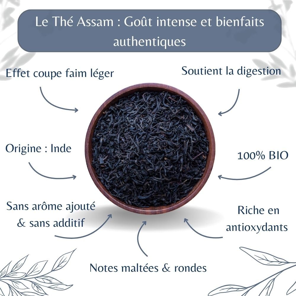 Thé Noir Assam GBOP Bio en Vrac - Thé Vegan d’Inde, 100% Naturel, Sans OGM - Agriculture Biologique - Sachet 1 kg (500 Tasses)