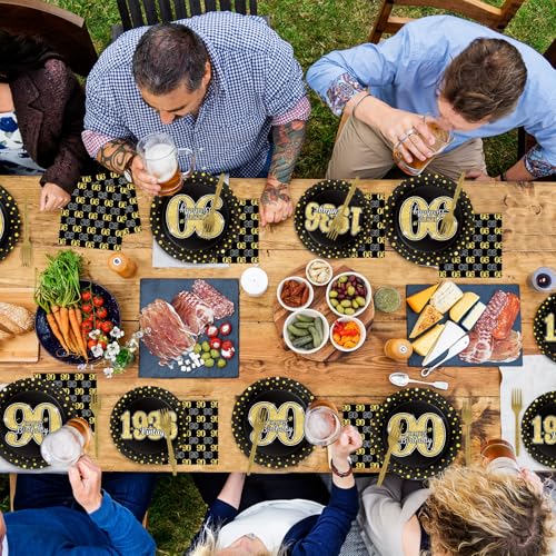 Image of 96PCS 90th Theme Birthday Party Tableware Vintage 1936 Party Supplies 90 Year Old Birthday Decorations Plates Napkins Forks Black and Gold Dinnerware Favors for Men or Women