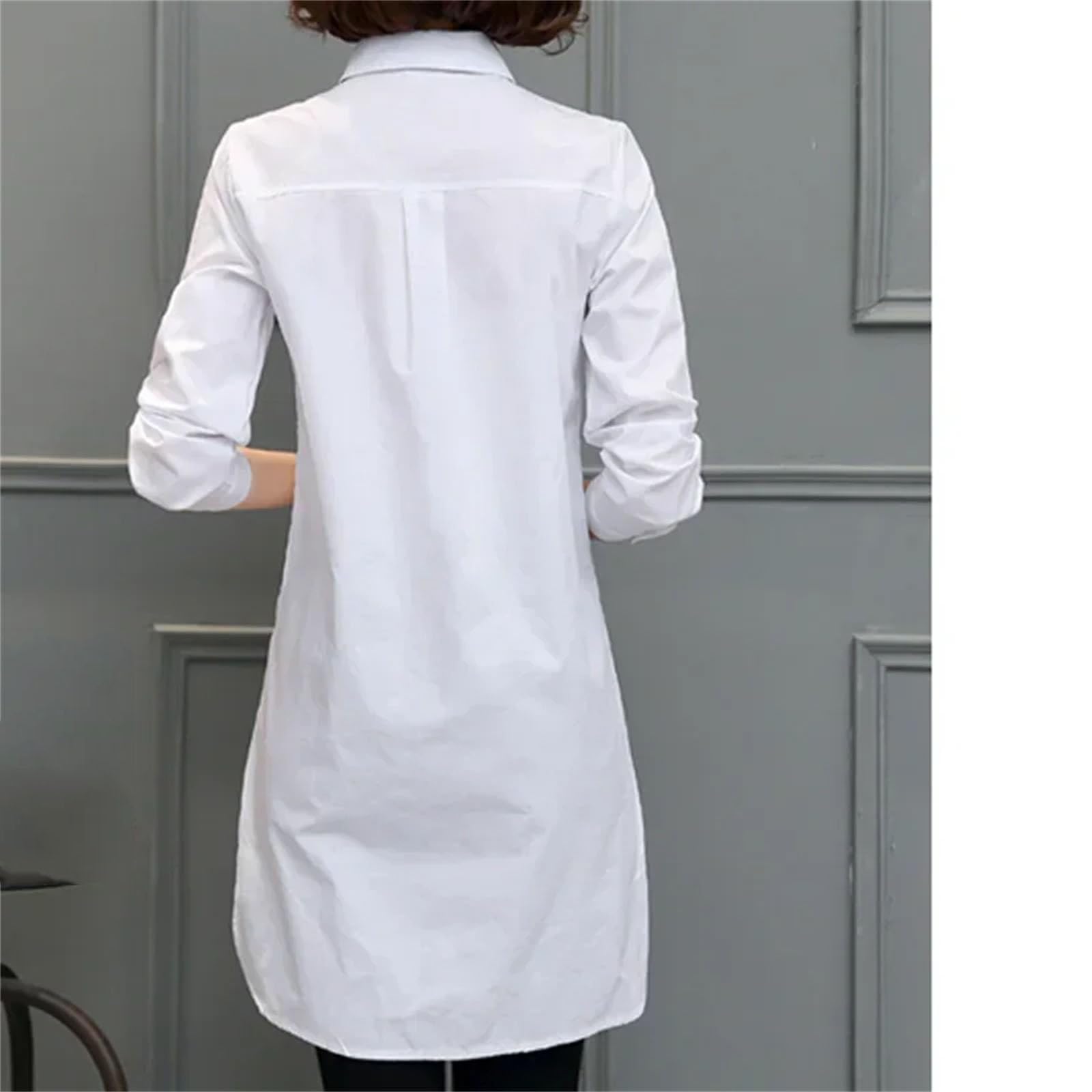Camicette lunghe da donna in cotone bianco con tasche camicia casual con bottoni tinta unita camicette top