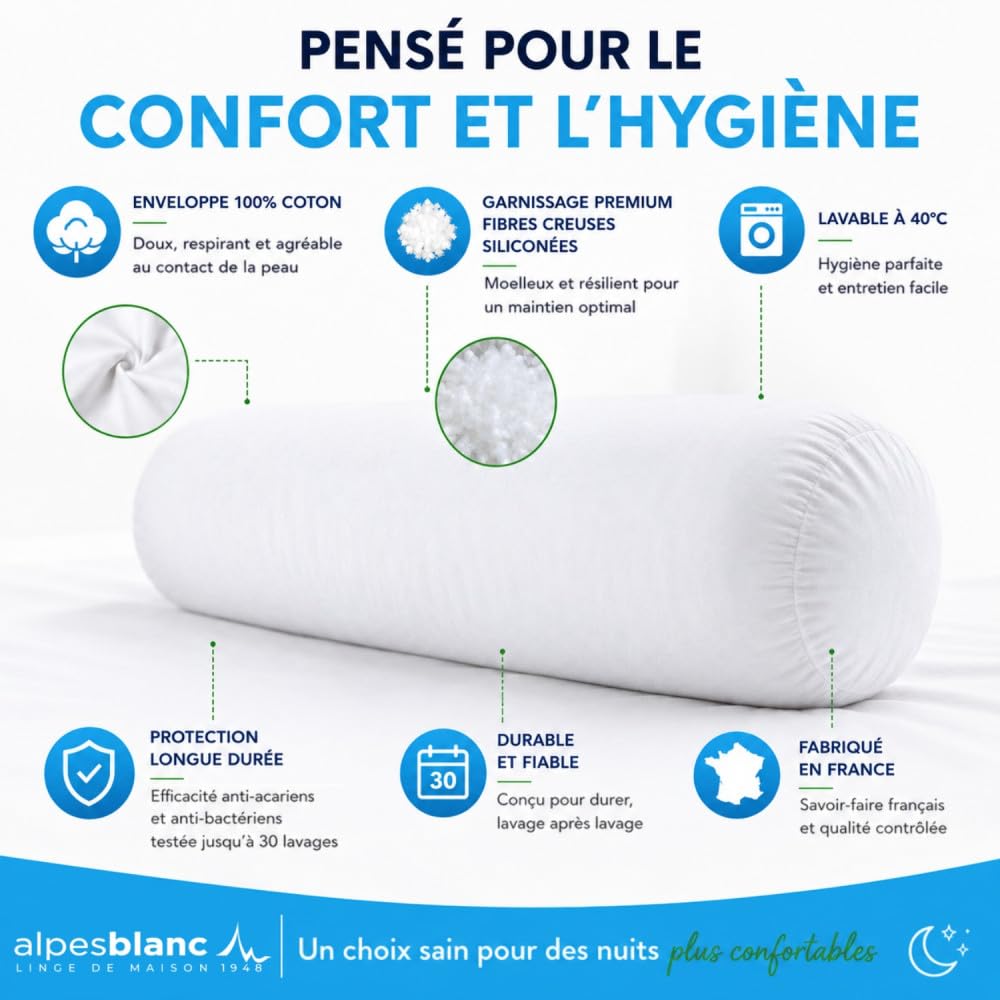 Alpes Blanc Traversin Anti-Acariens 180 cm – Enveloppe 100% Coton Respirant | Anti-bactérien & anti-moisissures • Garnissage & confort moelleux • Lavable à 40°C • Fabriqué en France