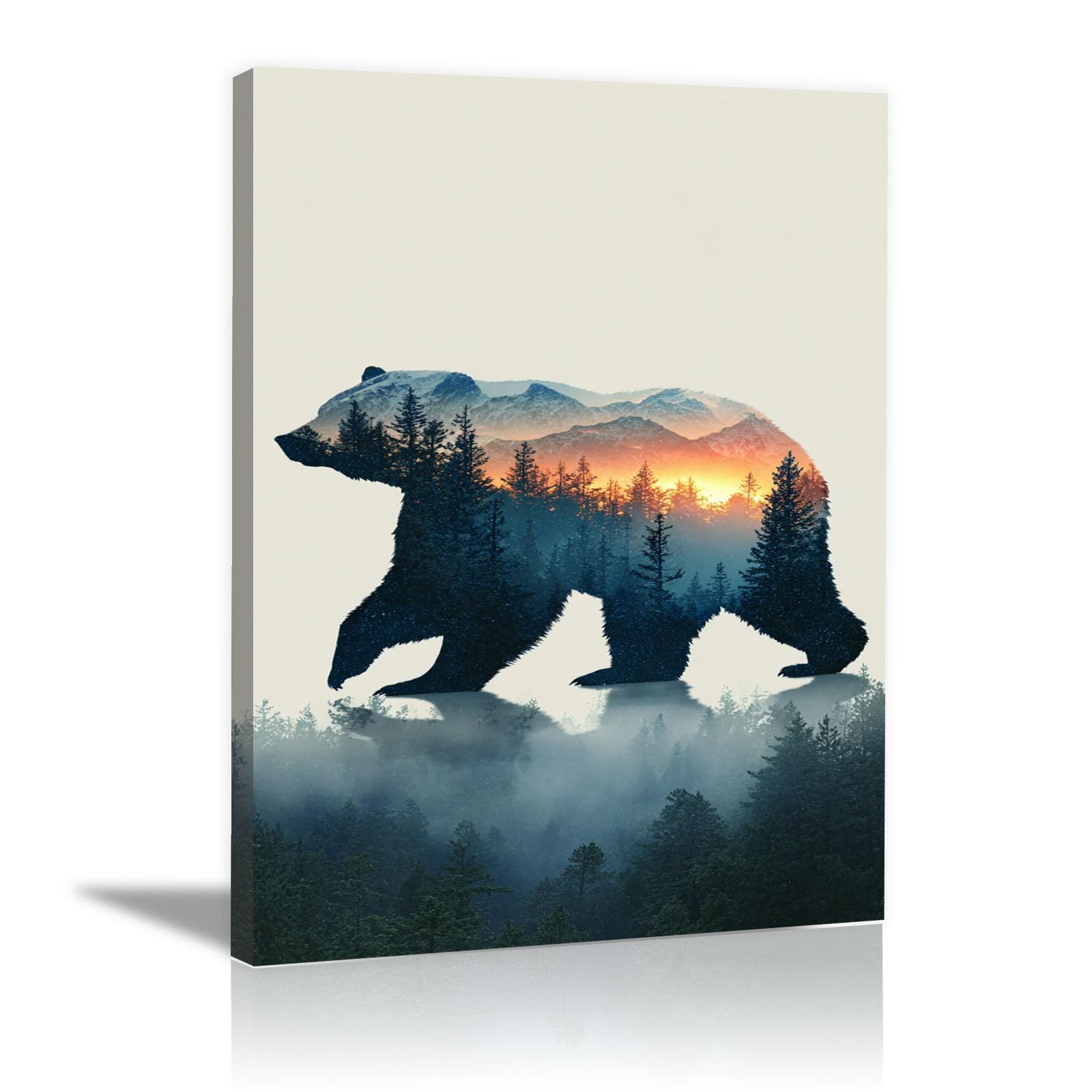 TERUEA Funny Bathroom Wall Art Decor, Bear Mountain Forest Sunset Colourful Farm Animals Pictures Painting Modern Artwork for Living Room Home Decorations(Blue)-40x60cm Framed