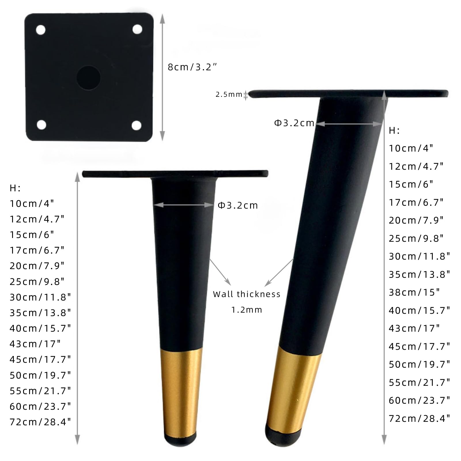 Generico Gambe per Mobili Ricambio Nero 4 Pezzi Supporto Piedini Conici per Tavolo in Ferro Vernice Spray Piedini per Divano Altezza: 10-72 cm Piedini per Mobile Oro 72 cm/28,4"