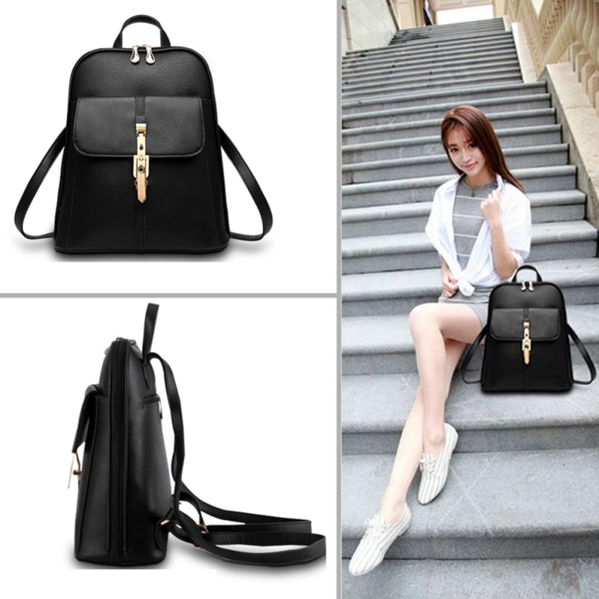Artibetter Mochila de Mujer, Bolso Mochila Casual de PU Negro, Correa Ajustable al Hombro, Portátil, para Estudiantes y Mujeres, Cierre Suave