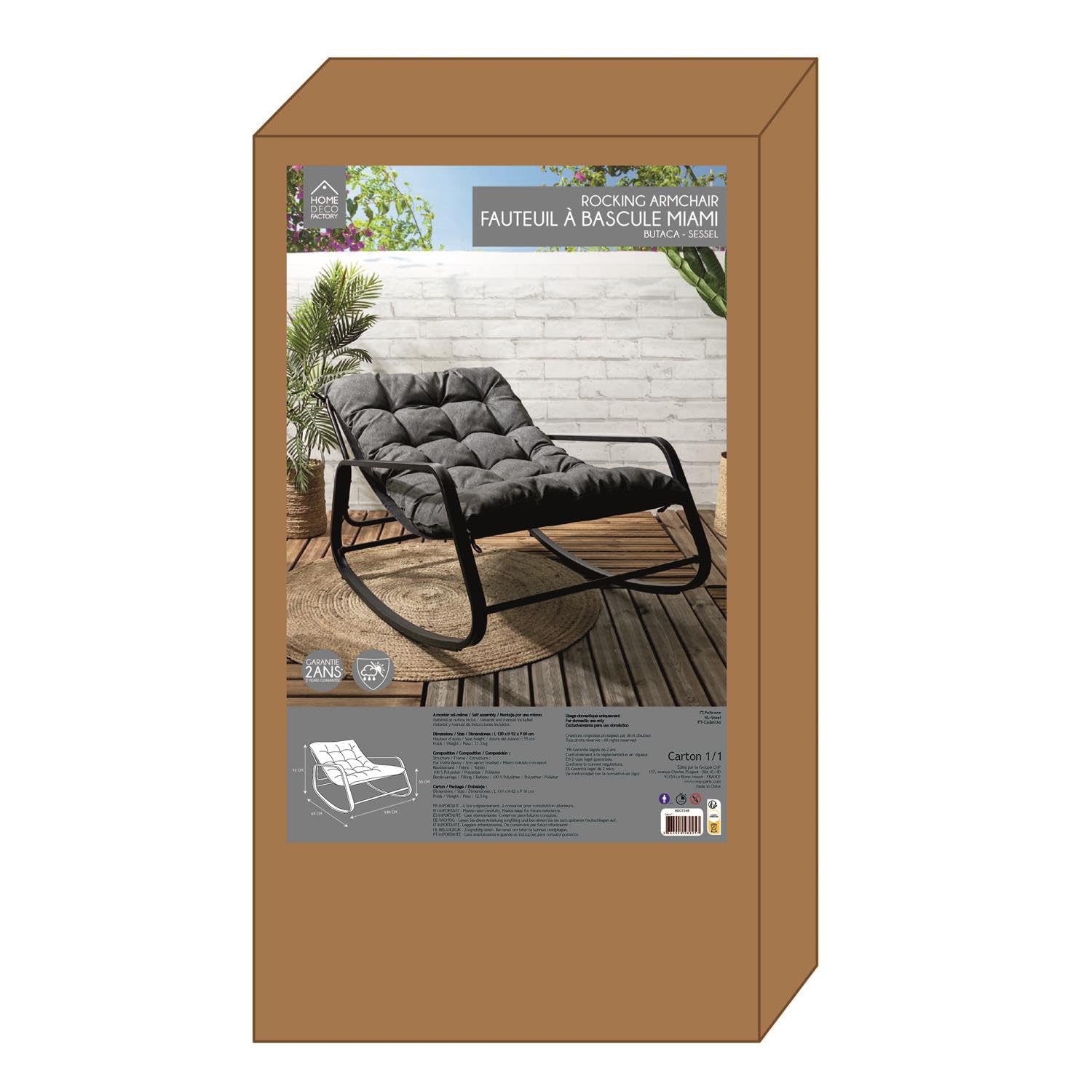 HOME DECO FACTORY - HDO7248 - Fotel Bujany na Zewnątrz - Stylowy i Wygodny - Idealny na Taras lub do Ogrodu - Z Poduszką - Czarny - Standardowy Rozmiar