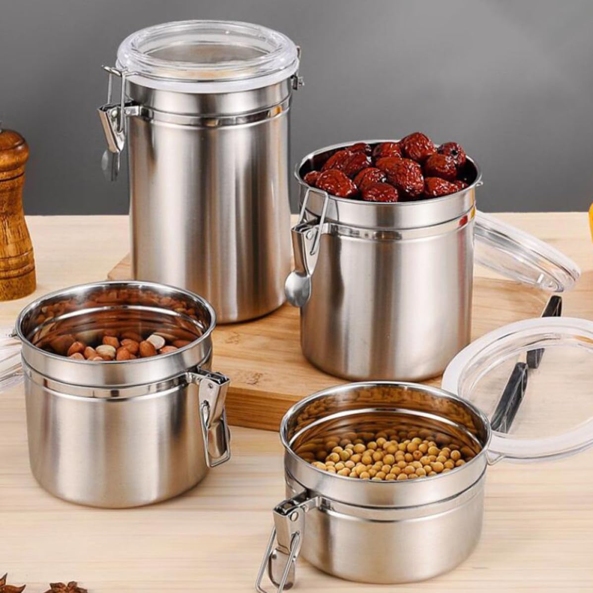 GALPADA Juego de 4 Recipientes Sellados de Acero Inoxidable para Almacenar Alimentos Tapa Hermética Adecuado para Frutas Secas y Dulces en Cocina