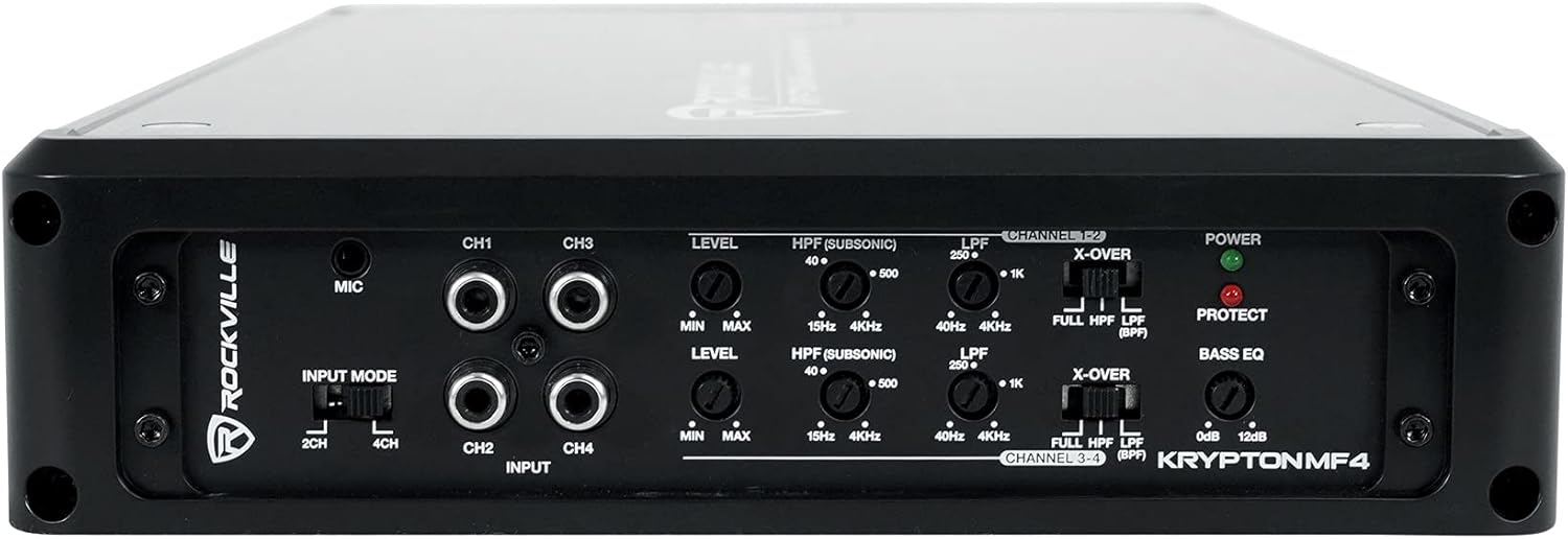 Rockville Krypton MF4 Bundle: 2400-Watt Peak / 600-Watt RMS 4 Channel Marine Amplifier, RMWK4 V2 4 AWG Waterproof Amp Install Wire Kit, MRCA25 25 ft Twisted Pair RCA Cable, 3-Items