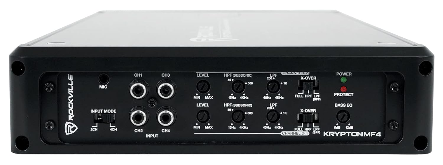 Rockville Krypton MF4 2400W Peak/600W RMS 4-Channel Marine Amplifier, Class-AB, Adjustable Crossovers, Rustproof Aluminum and Stainless Steel Construction for Boats