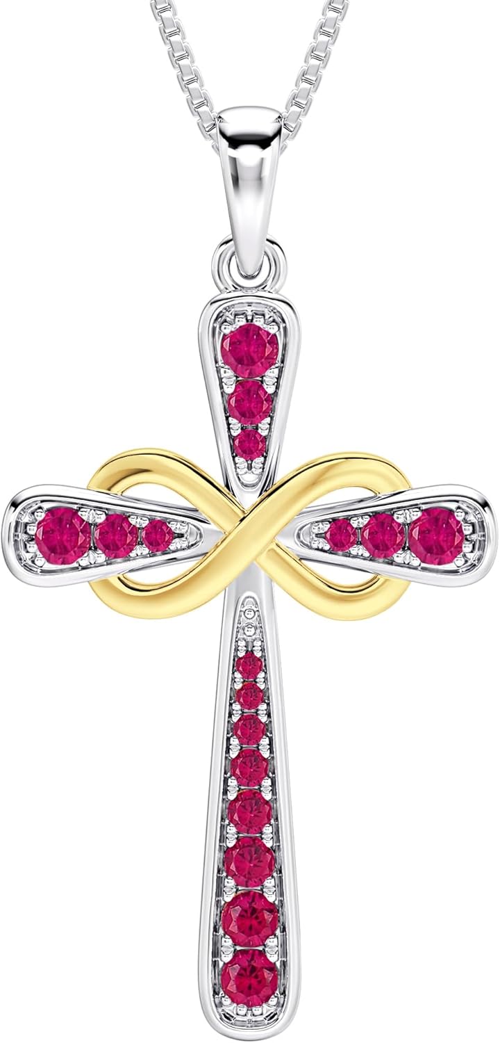 YL 925 Sterling Silver Cross Necklace for Women Halo Infinity Pendant Birthstone Jewelry for Mom