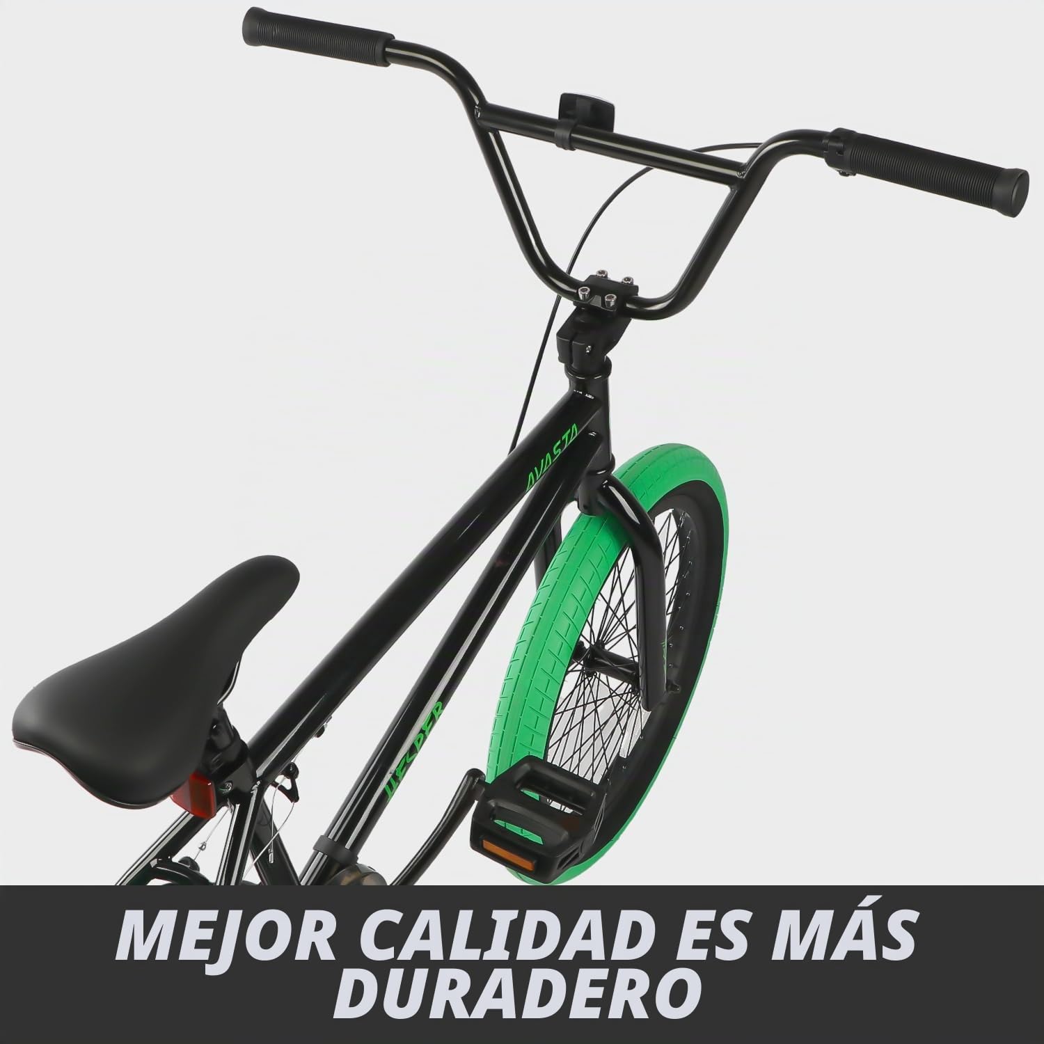 AVASTA Hesper Bicicleta BMX Freestyle de 20 Pulgadas para Niños de 6, 7, 8, 9, 10, 11, 12, 13, 14 Años, niños y principiantes, Negro con neumáticos Verdes