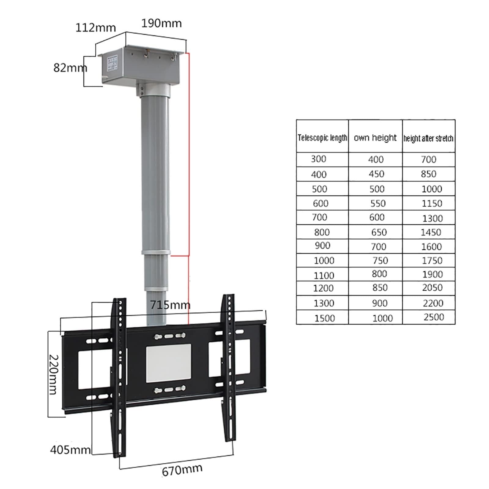 Elevador de TV eléctrico de Altura Ajustable con Control Remoto - Soporte de TV motorizado - Soporte de TV de Techo, 2 métodos de instalación, Compatible con televisores