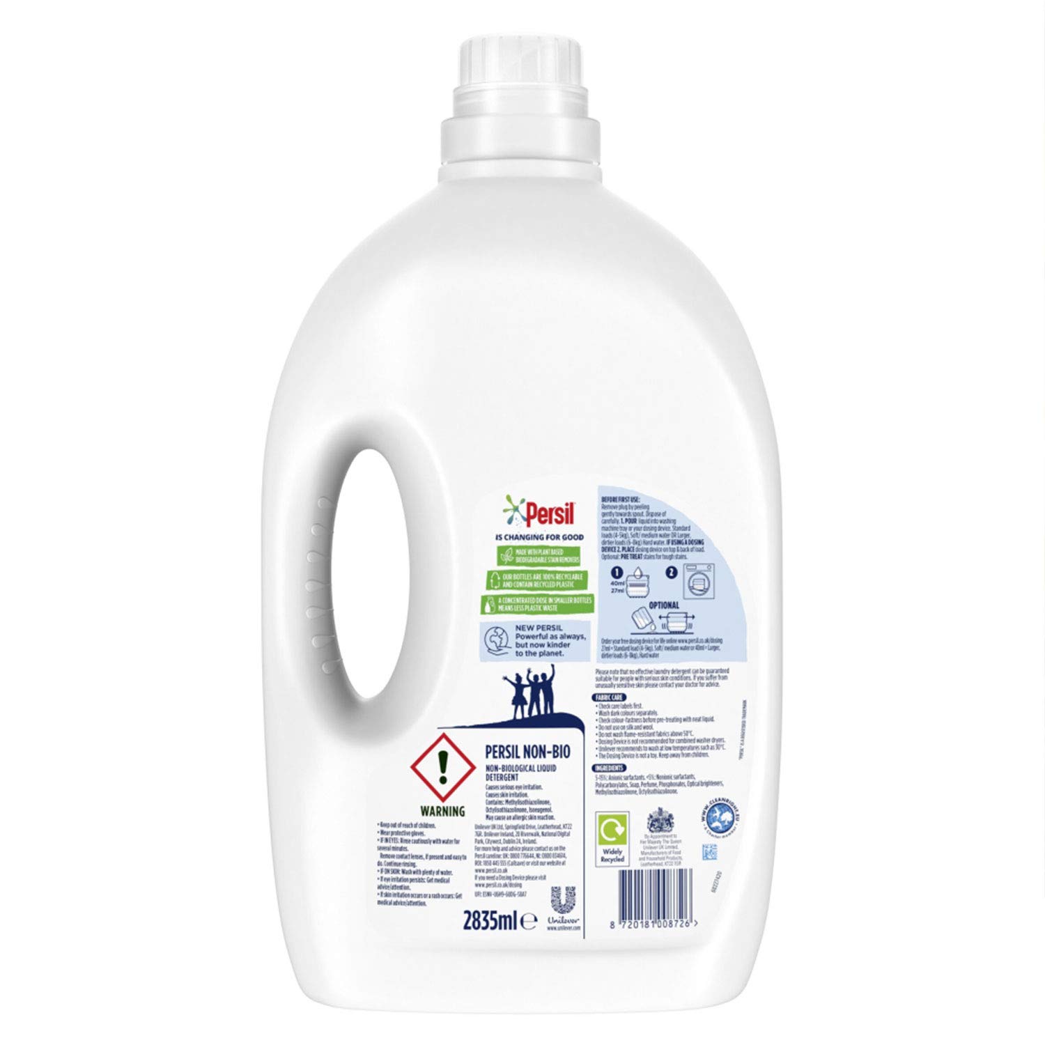 Persil Non-Bio Butelka w 100% nadająca się do recyklingu Płyn do prania Detergent do prania Odporna na plamy, delikatna dla skóry wrażliwej, 105 mycia 2,835 ml, opakowanie 2 szt