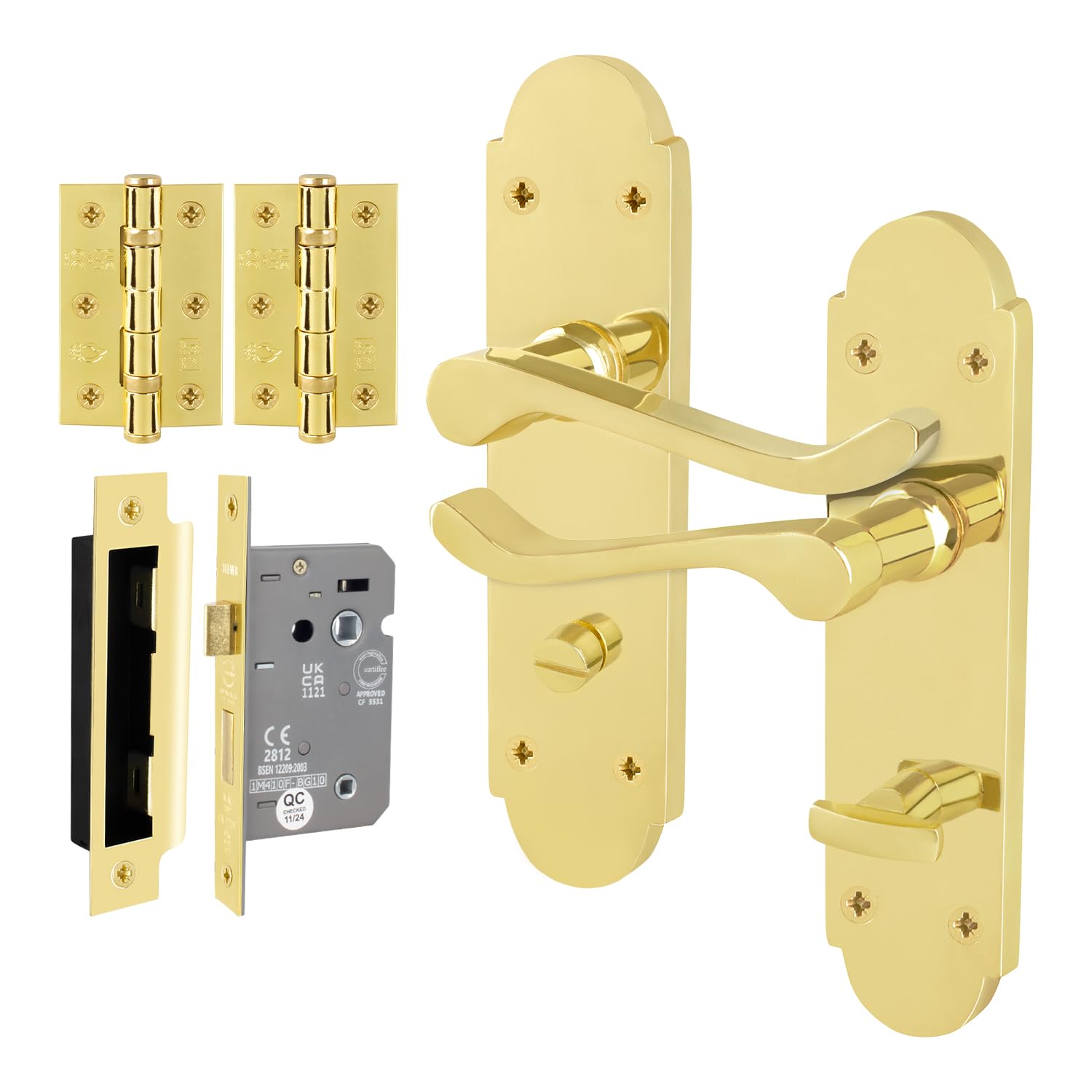 EAI Brass Bathroom Door Handle Set, 1 Pair Internal Polished Brass Victorian Scroll Shaped Handles, Hinges and Lock 80mm