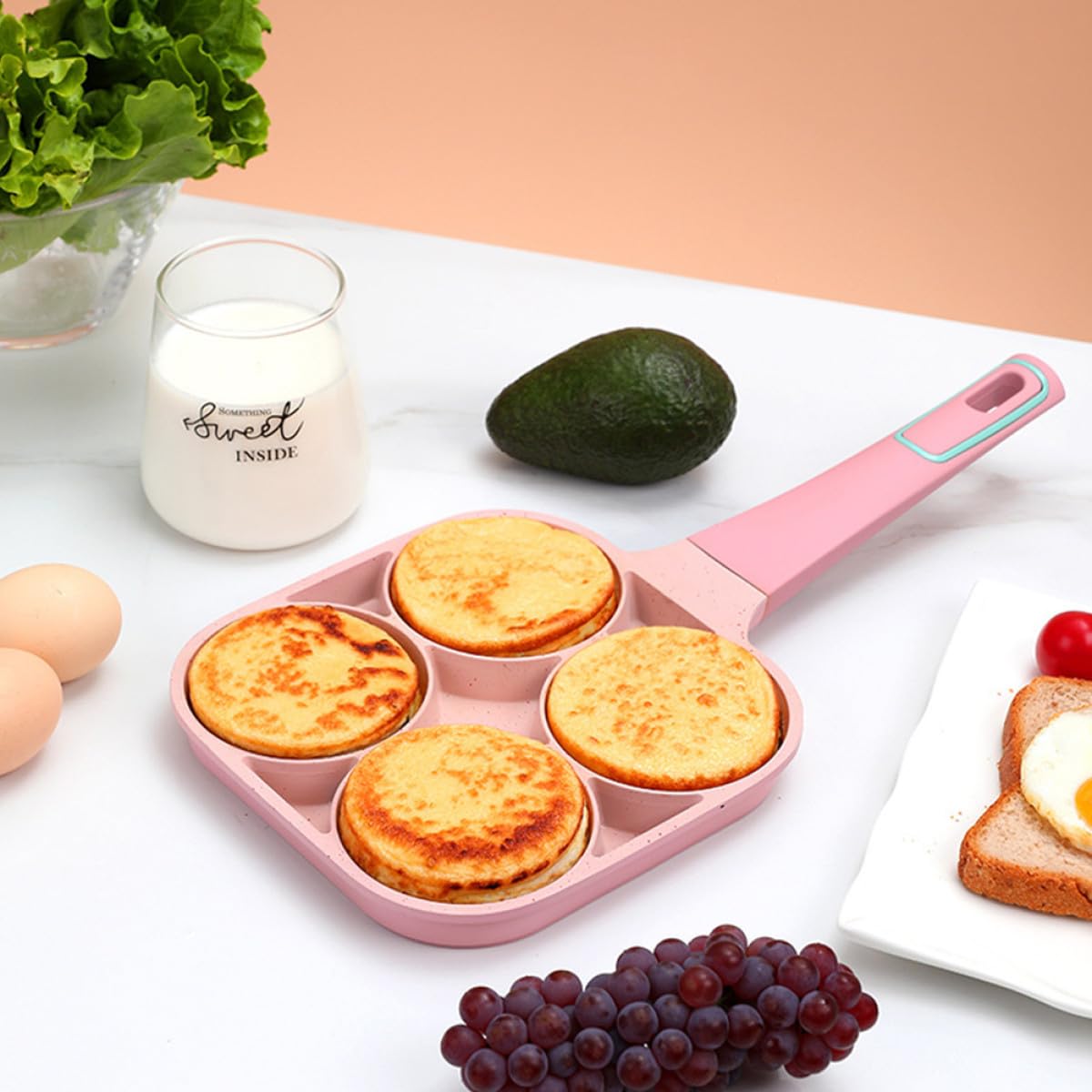ibasenice Padella Facile da Pulire 4 Fori Uova Antiaderente e in Lega di Alluminio per Rosa Preparare Hamburger e Pancake