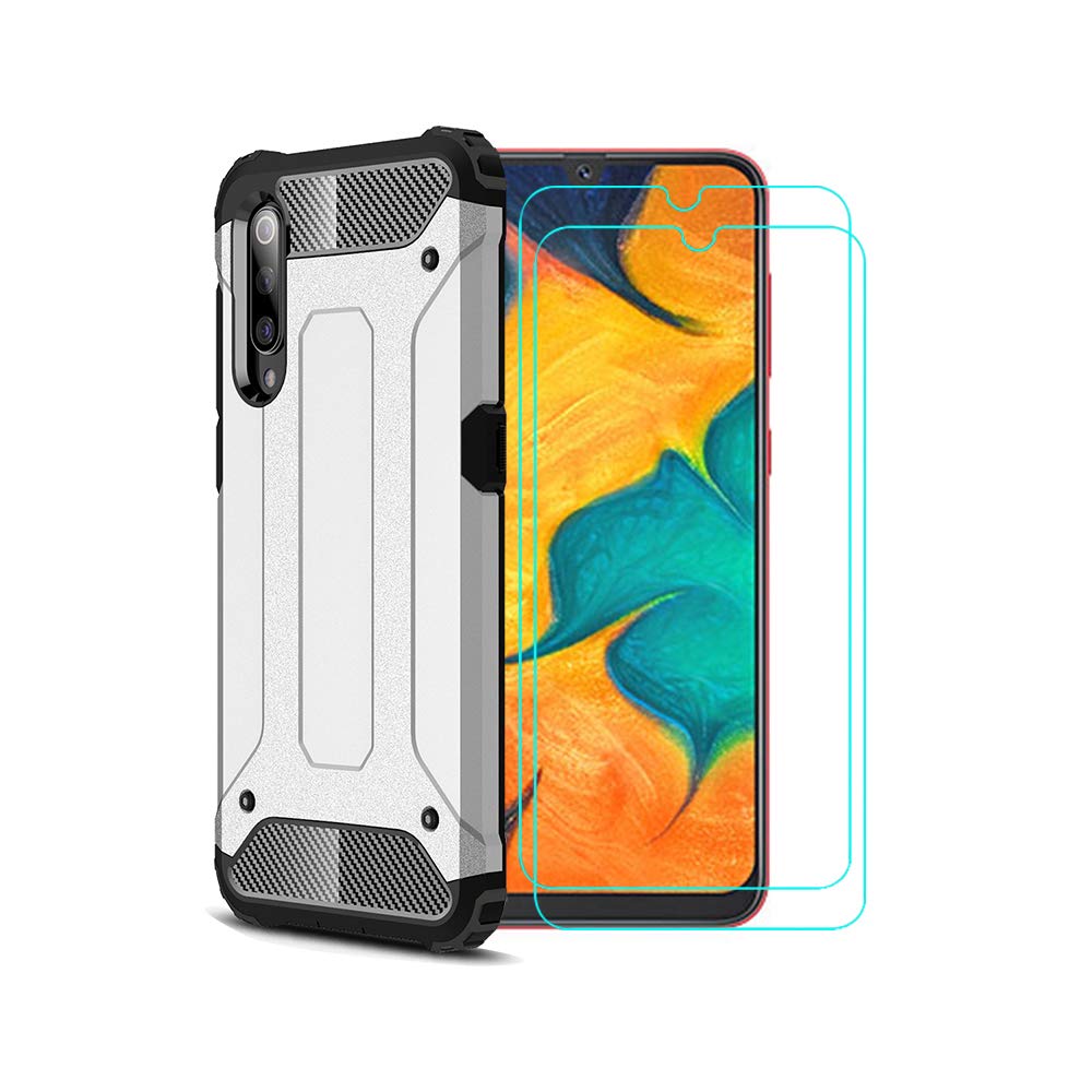 TANYO Case+2 Pack 9H Transparent Tempered Glass Screen Protector Suitable for Samsung Galaxy A70, TPU/PC 2-in-1 Shockproof Sturdy and Durable Fashion Ultra-Thin Protective Case, Silver