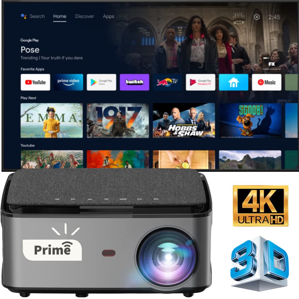 Prime Latest PS4 Projector |7500 Lumens, 3840x2160 (4K) Resolution, 20,000:01 Contrast Ratio |Android 9.0 (Pie) with WiFi, Bluetooth| 4D Digital Keystone, Zoom in-Out | 1 Year Warranty |(PS4) (Black)