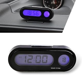 Dashboard Digital Clock with Thermometer, Angle Adjustable Air Conditioning Vents Mini LCD Illuminated Large Screen Clock, Portable Accessory, Fits Most Cars (Black)