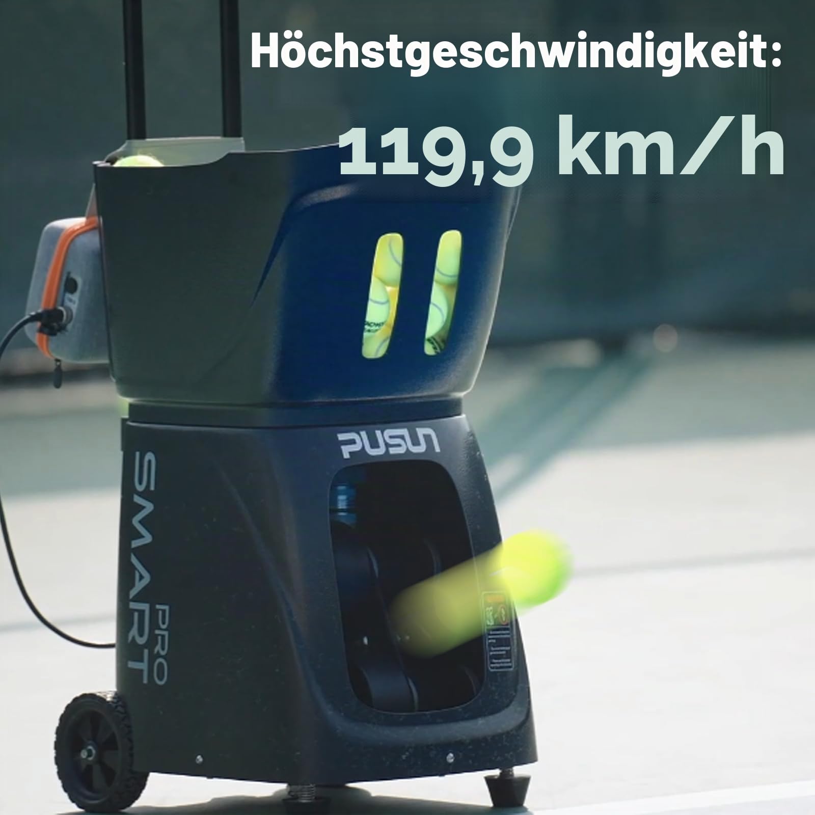 PUSUN Tennis Ball Machine, Padel Tennis Ball Launcher mit 115+Ball Kapazität, Dreifach-Steuerung über App/Remote/iWatch, AI Drill/Programmierung/Zufall, 4-6Stunden Batterie Lebensdauer, Protable