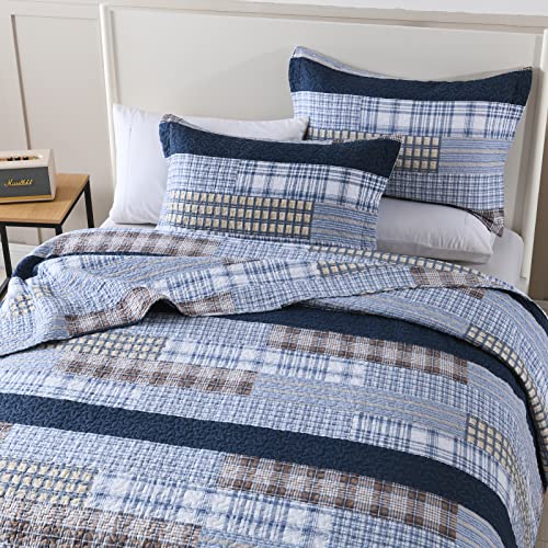 Image of PANGUSHAN Quilt Set Queen Size, 100% Cotton Quilt Bedding Set Bedspreads, Patchwork Plaid Farmhouse Reversible Lightweight Comforter Bed Spread for Queen Bed, Blue, 3 Pieces
