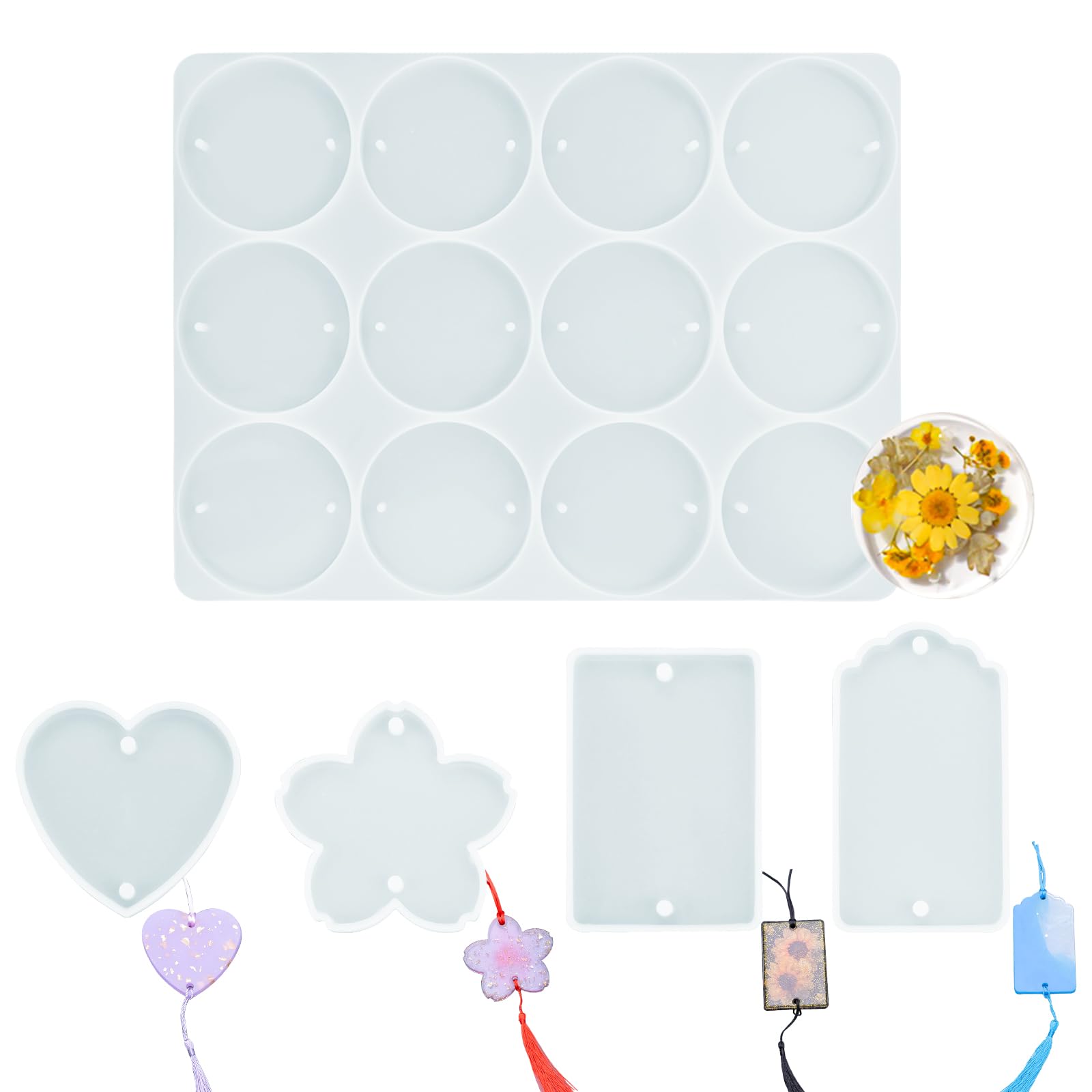 Diakey 5 Pack Epoxy Resin Molds with 2 Holes, 12-Cavity Circle, Heart Rectangle Cherry Blossom Cloud Rectangle Silicone Mold for Keychain Christmas Ornament Pendant Wind Chime