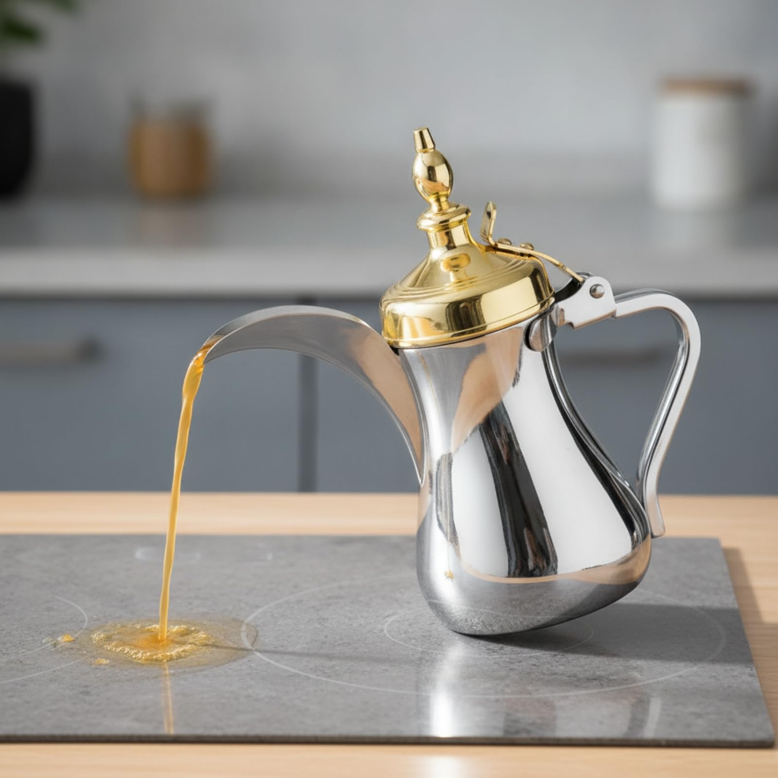 LOVIVER Caffettiera per Caffè Arabo Alimentare, 1100 Ml, Cromato Con Coperchio Dorato