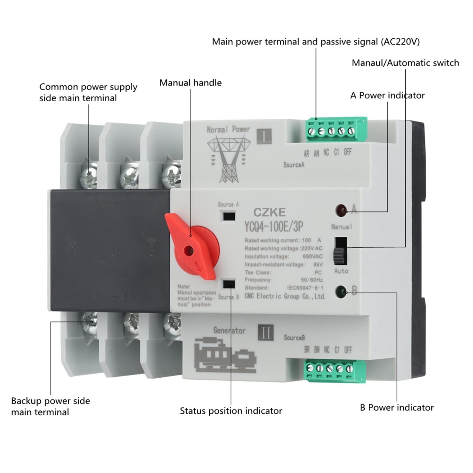 EAMOM YCQ4-100E Series 2P 3P 4P Din Rail ATS Dual Power Automatic Transfer Switch Electrical Selector Switches Uninterrupted Power (Color : 4P, Size : 100A)