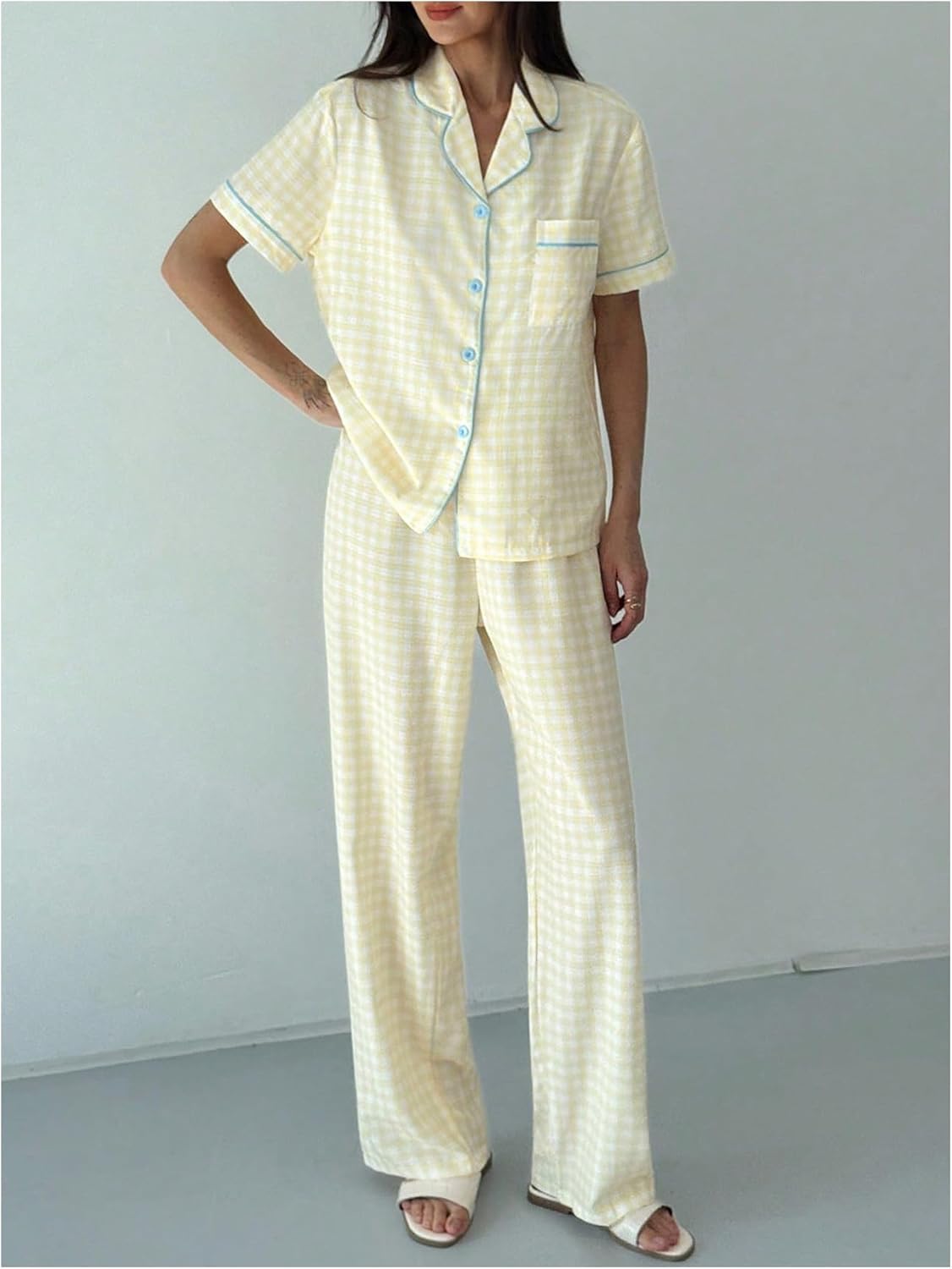 SHENHE Women's Gingham Pajama Set Short Sleeve Sleepwear Button Up Pjs Long Pants Loungewear - Image 3