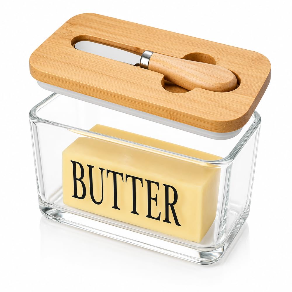 Premium Glass Butter Dish with Bamboo Lid & Butter Knife | Airtight Silicone Seal | Butter Keeper Container for Fridge | Borosilicate Glass Butter Storage Box ( Transparent )-image-32