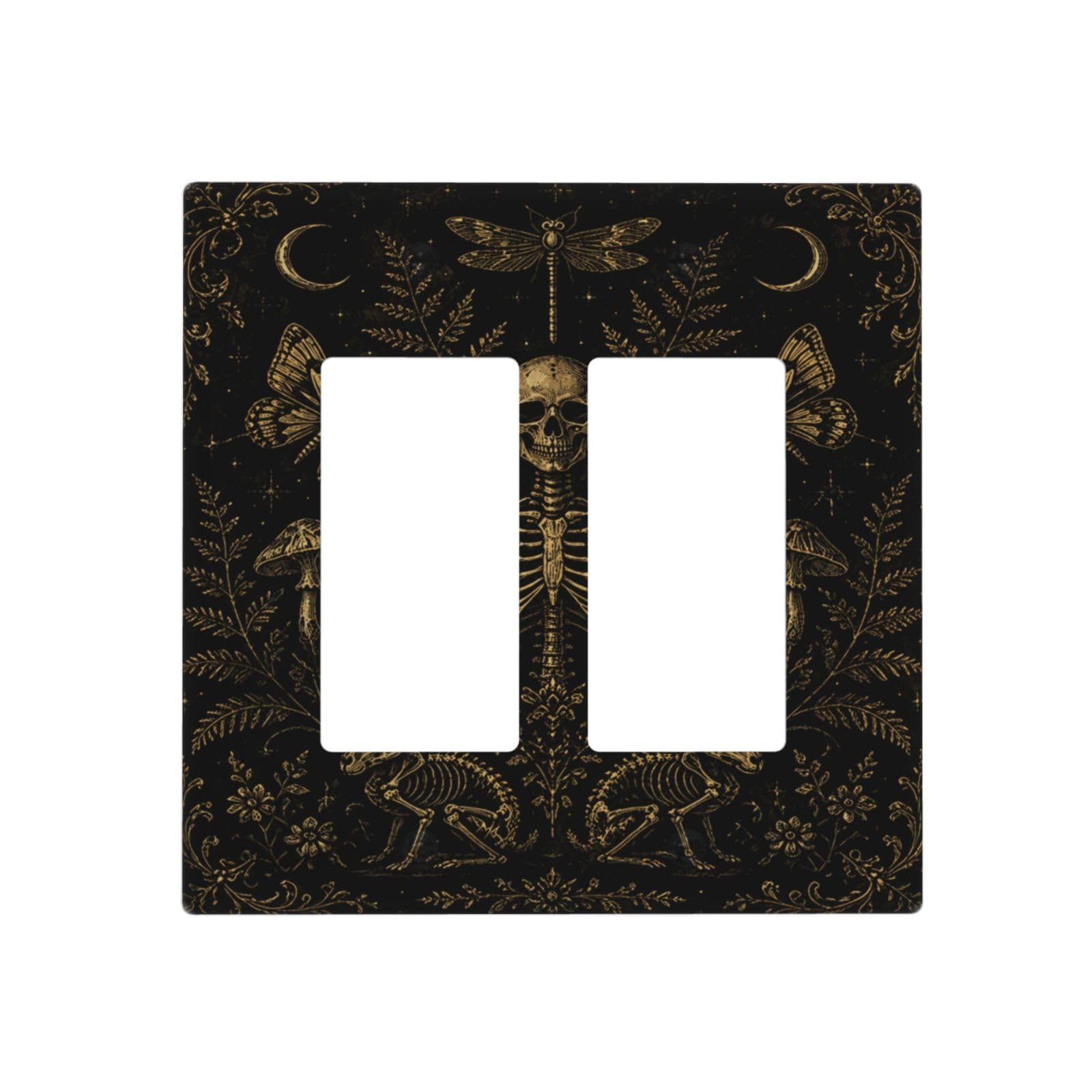 Xuejiaku Decorative Outlet Covers Vintage Gold Botanical Skeleton Gothic 2 Gang Light Switch Cover Plate Double Rocker Wall Plate Dark Academia Gothic Gfci Switchplate Faceplate for Bedroom Home Decor