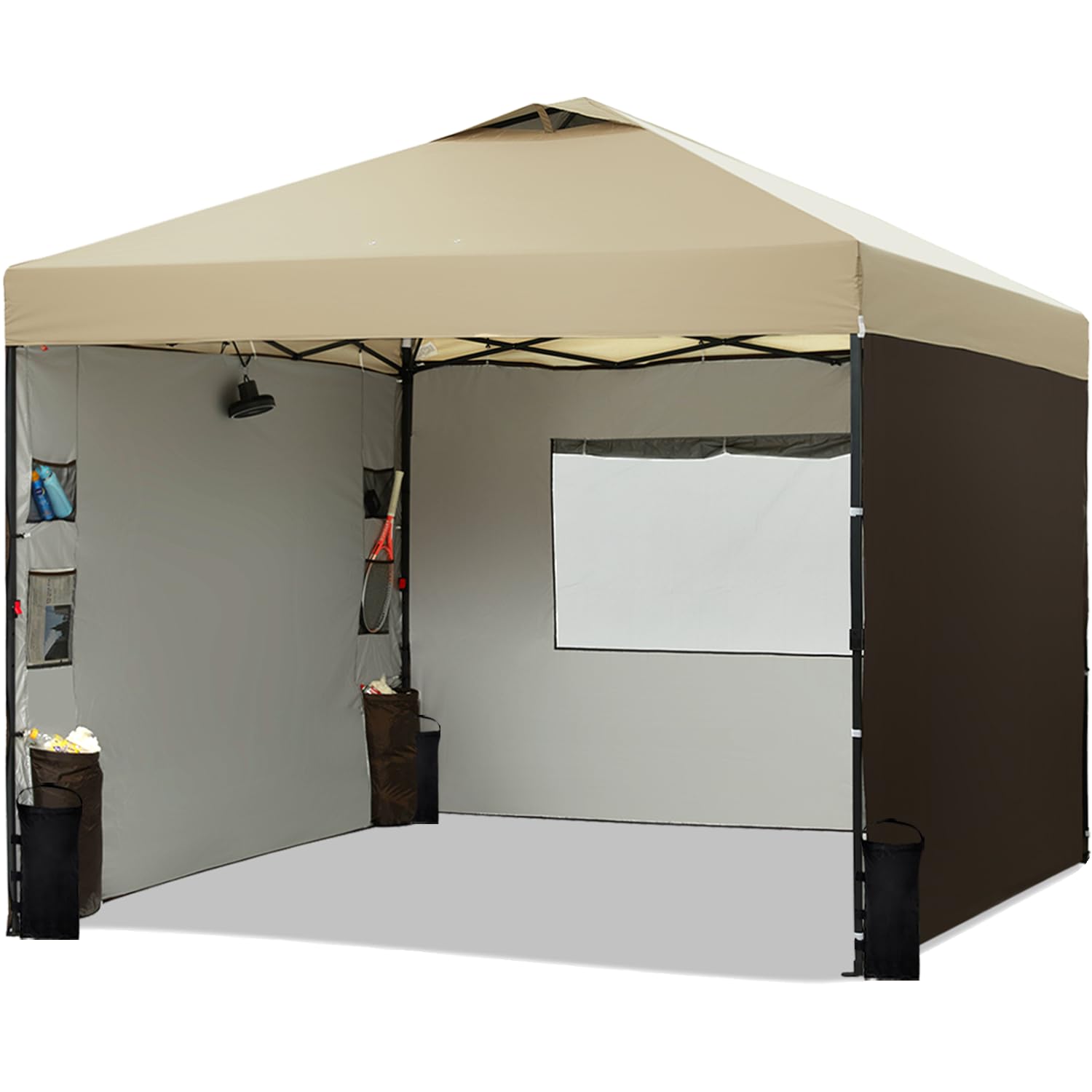 Tunbne 10x10 Ez Pop up Canopy Tent Comercial with 3 Sidewalls, Outdoor Canopy with Mesh Windows and Pockets Wall, Patented One Push, Easy Set up, Case, 8 Stakes, 4 Ropes, 4 Sandbags (Khaki+Brown)