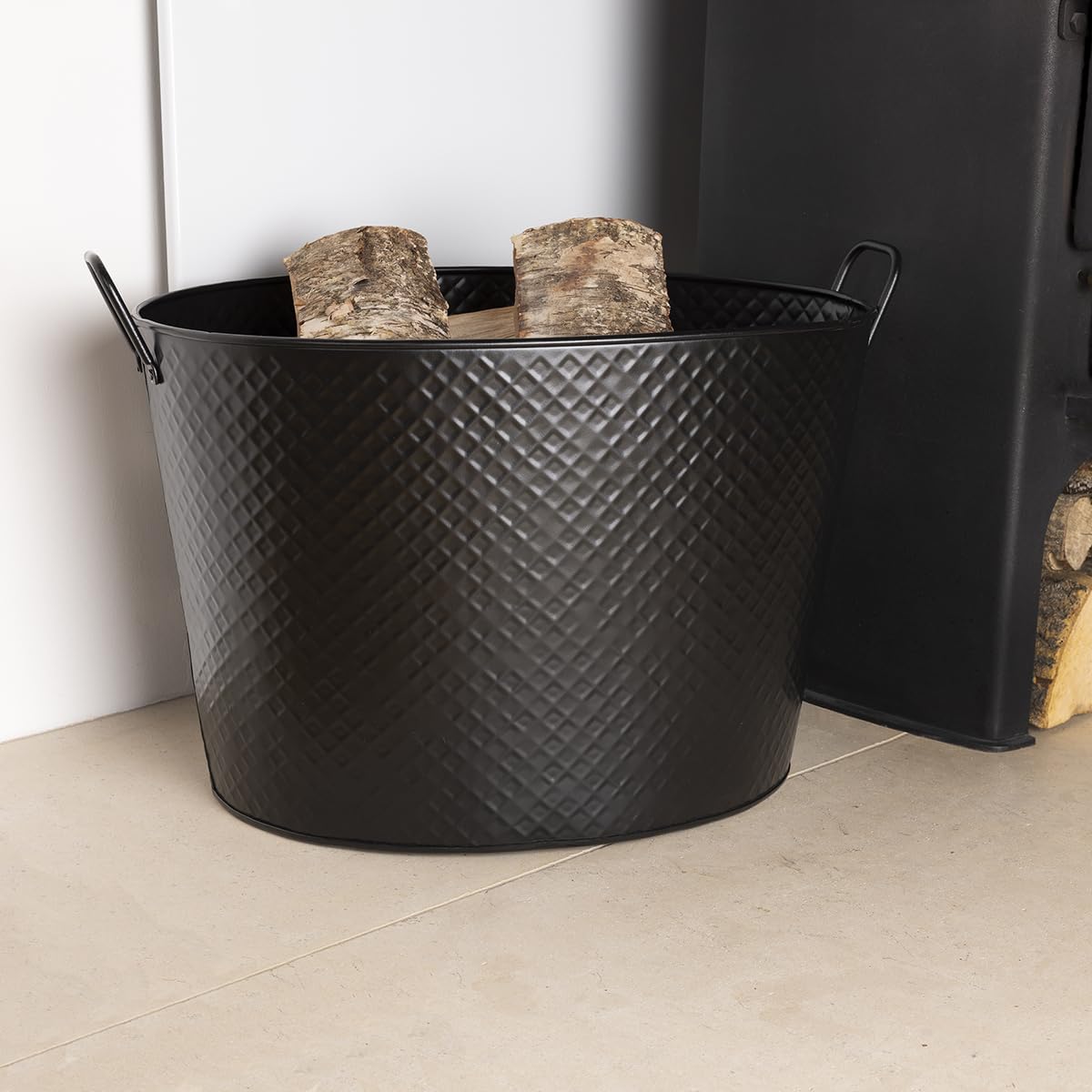 CHARLES BENTLEY Log Bucket, Snug, Willow, Large, Fireside Log Bucket, Iron, Oval Opening, Black Matte Finish, Contemporary, Diamond Embossed Body, Solid Metal Handles, 6KG Log Capacity (53x40x38cm)