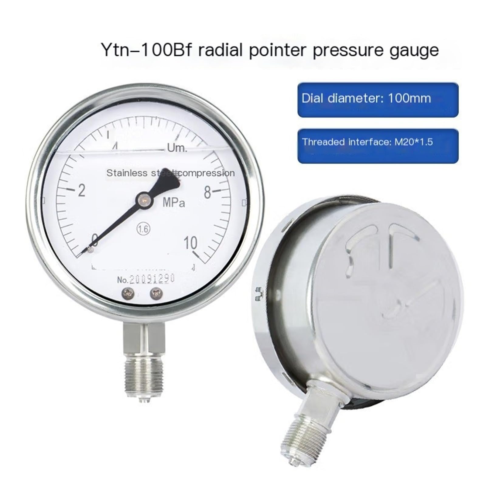 Manometro antisismico in Acciaio Inossidabile YTN-100BF Manometro Idraulico ad Alta Temperatura antisismico Manometro per Pressione dell'Acqua e Aria 0-10 MPa (0-1 MPa)