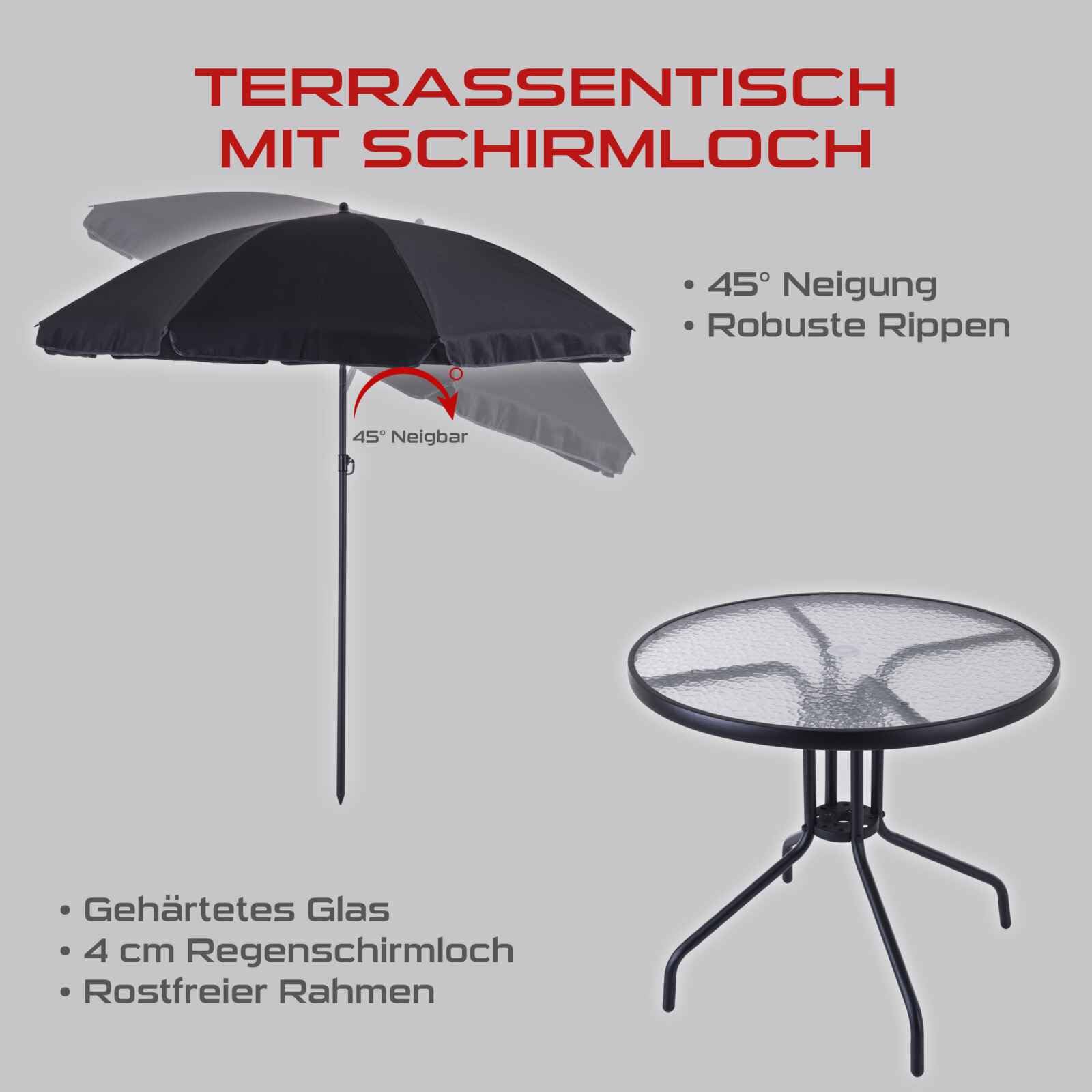 Practixx Balkonmöbelset 6-TLG mit neigbarem Sonnenschirm, Glastisch & 4 Klappstühlen Terrassenmöbelset Campingset Gartenset Balkonset schwarz anthrazit | Patioset grau Festival Garten Terrasse Balkon