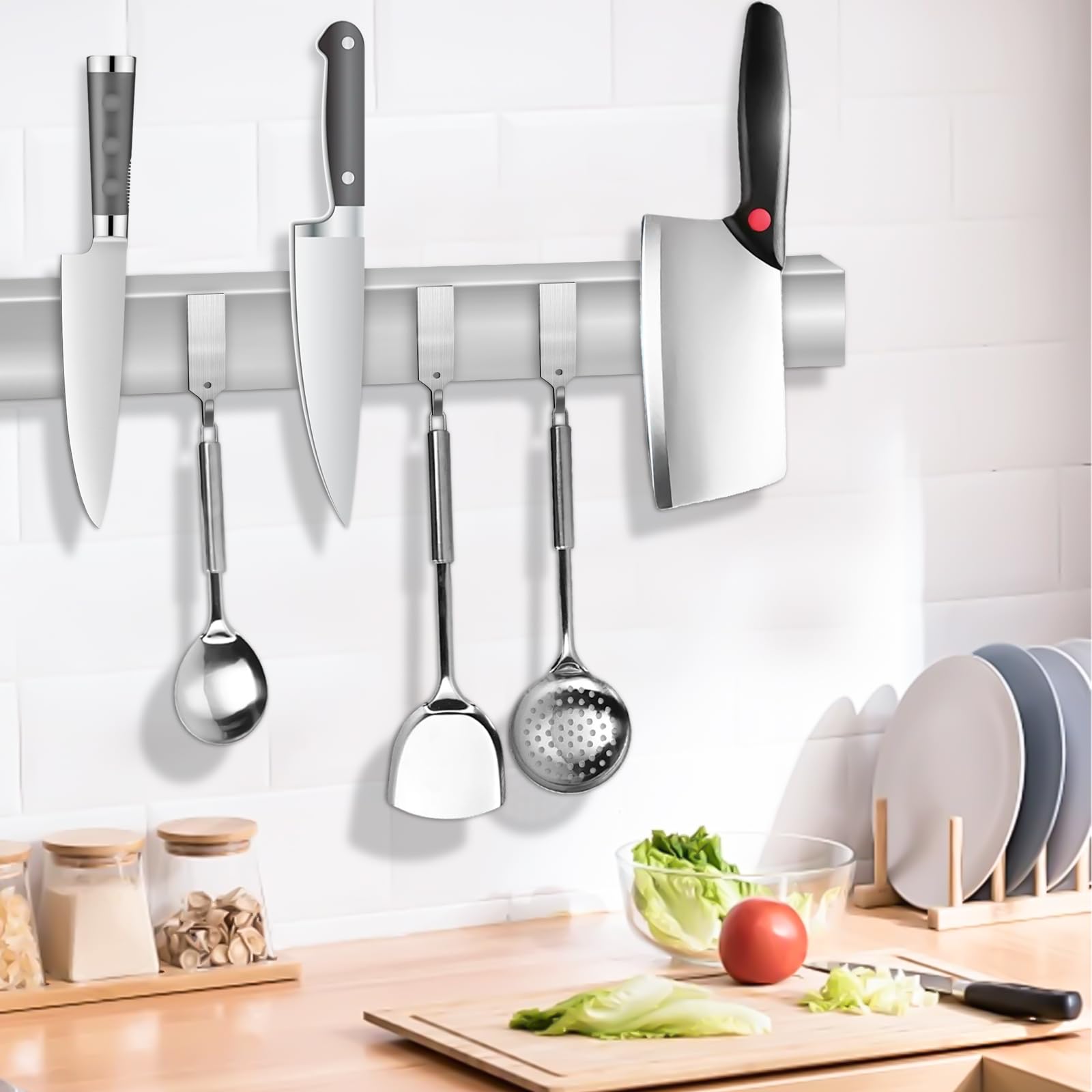 Barra magnetica con 3 ganci e tappetino antiscivolo, supporto magnetico in acciaio inox, per utensili da cucina o utensili, 40 cm