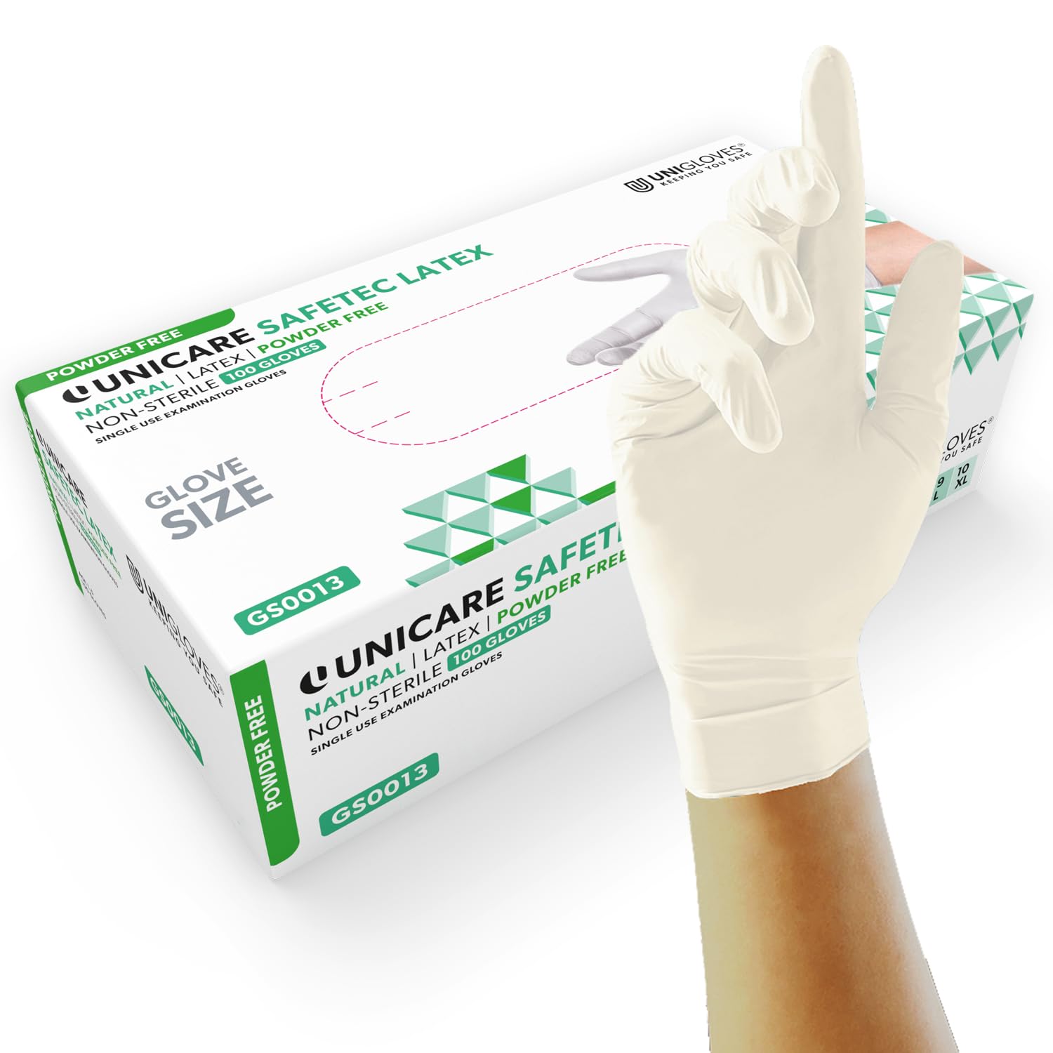 Unigloves Unicare Latex GS0014 Examination - Multipurpose, Powder Free Disposable Gloves, Box of 100 Gloves, Natural, Large
