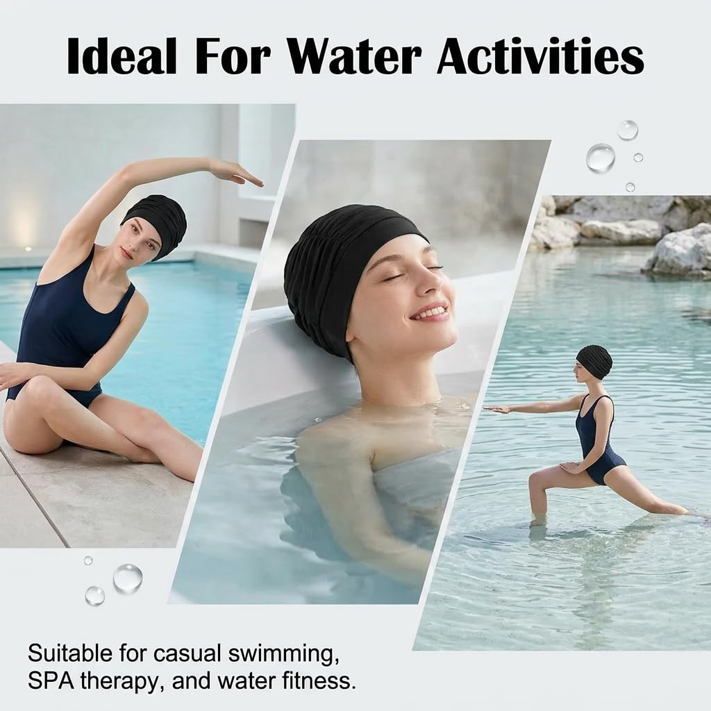Gorro de Natación Mujer [Pack de 2] - Gorro de Baño de Tela Negro Elástico para Pelo Largo Transpirable para Piscina Playa y Aquagym Talla Universal Negro