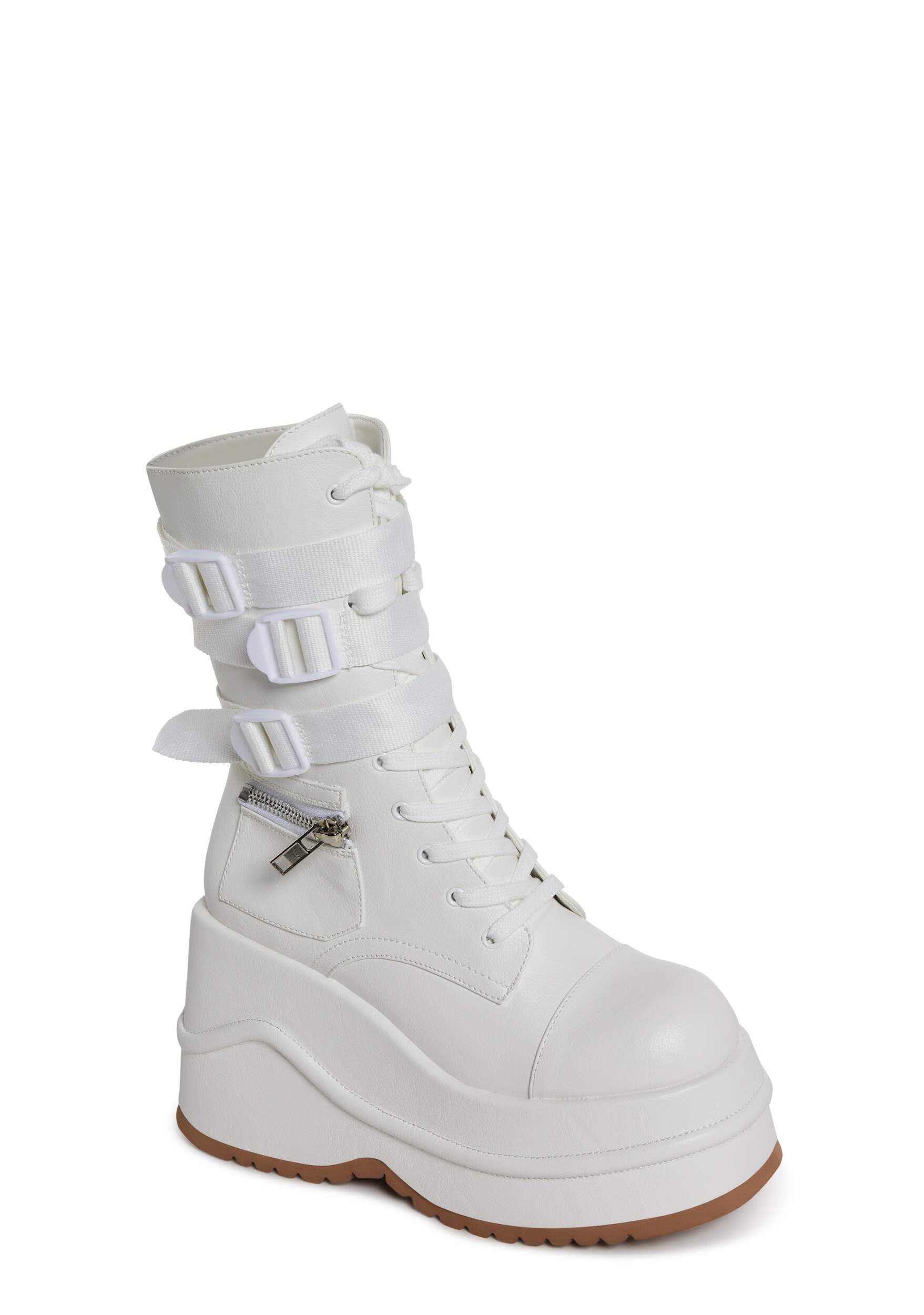 Dolls Kill Mad Hustle Pocket Combat Boots by Poster Grl – Chunky Platform Combat Boots with Zipper Pockets & Buckled Straps: 9 White