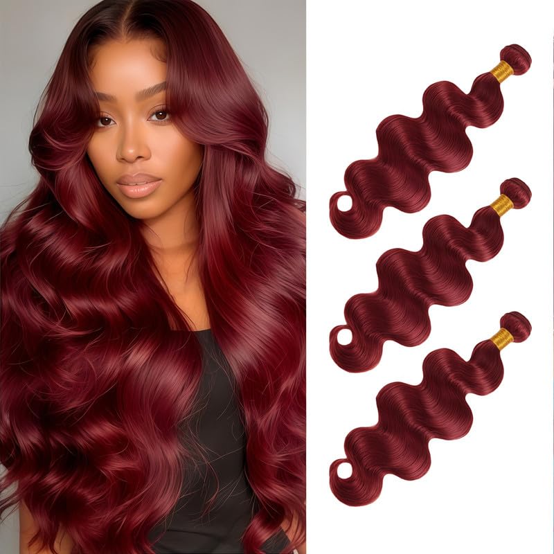 Burgundy Body Wave Bundles Human Hair 16 18 20 Inch Wine Red Bundles Human Hair Extension Brazilian 3 Bundles Human Hair Burgundy Red 100G/Bundle Color 99J