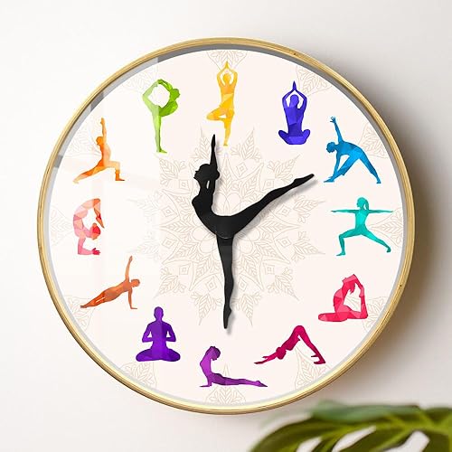 Miniatura 8 de Reloj de pared de postura de yoga colorido de 12 pulgadas con marco de madera, cuarzo silencioso sin tictac, funciona con pilas, reloj de pared