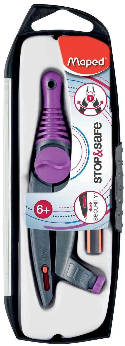 Maped Compas STOP & SAFE Pointe Auto-rétractable Scolaire Enfant 1 compas bague 1 crayon graphite Black'Peps