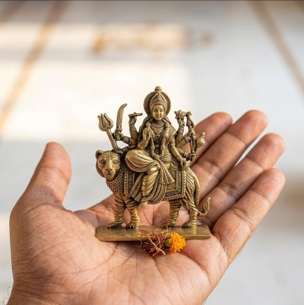 Durga Maa Devi Both Side Same Metal Brass Color Height 6.5 CM God Idol | Lord Sherawali Religious Statue for Home Decor Car Dashboard , Mata Rani Murti for Spiritual Gift, Pre-Installed Adhesive-image-23