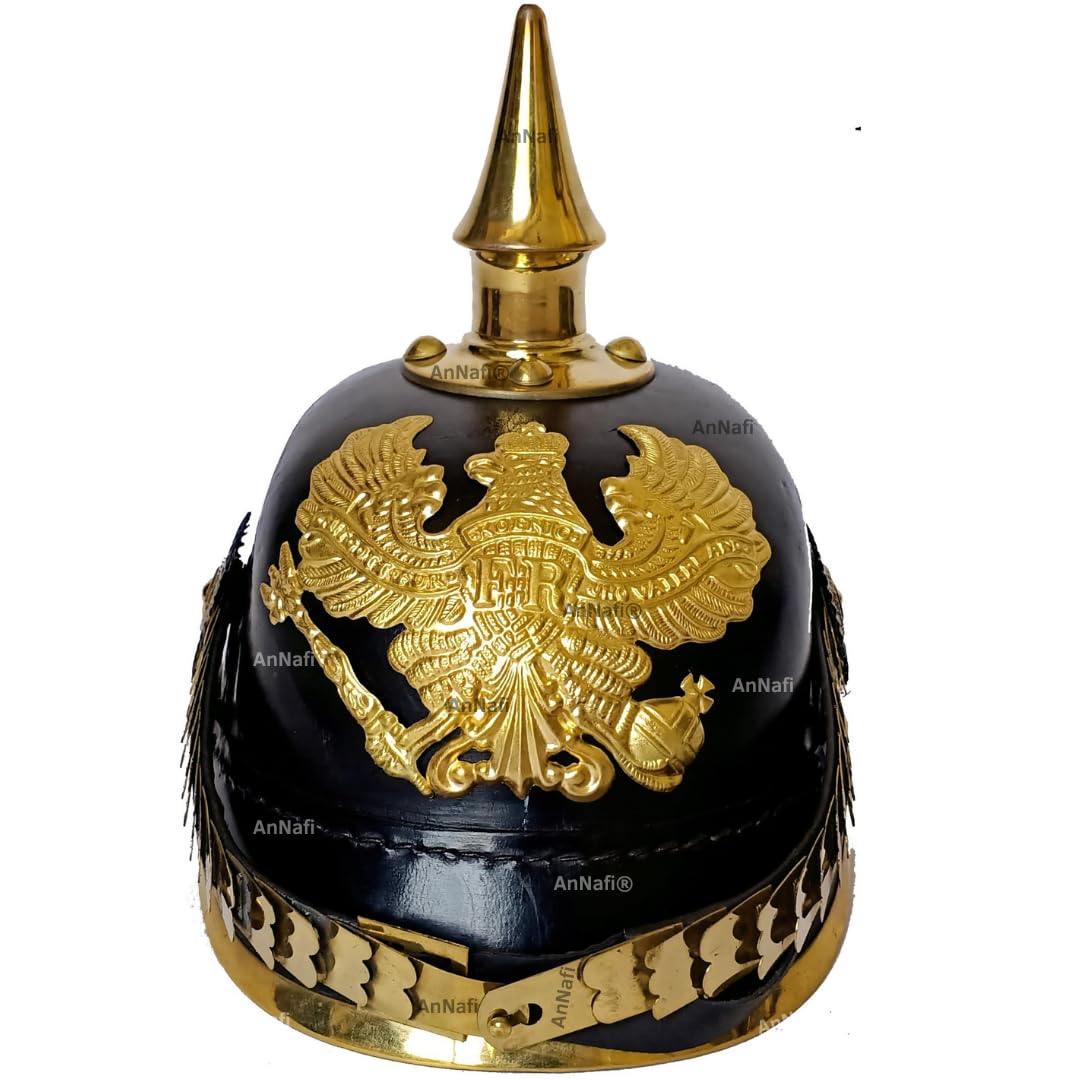 AnNafi German Pickelhaube Spike Helmet, Leather Pickelhaube Imperial Prussian Helmet, Brass Military Officer Men’s Costume, WWI &amp; WWII Helmets Replica LARP Re-Enactment Party Cosplay Costumes