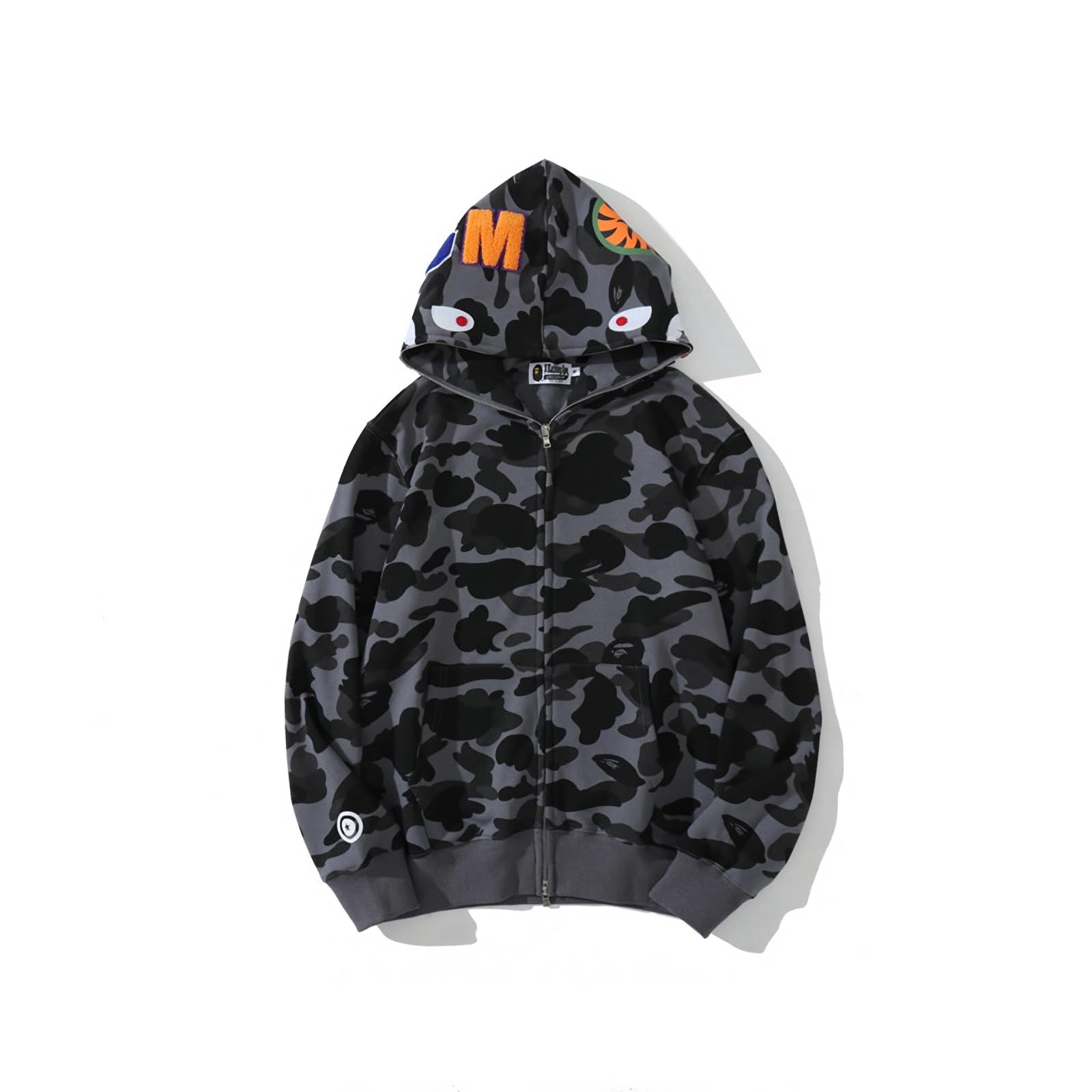 Shark Embroidery Camouflage Hoodie Full Zip Cotton Hooded Jacket Streetwear Sweatshirt for Men Women, Teens & Couple